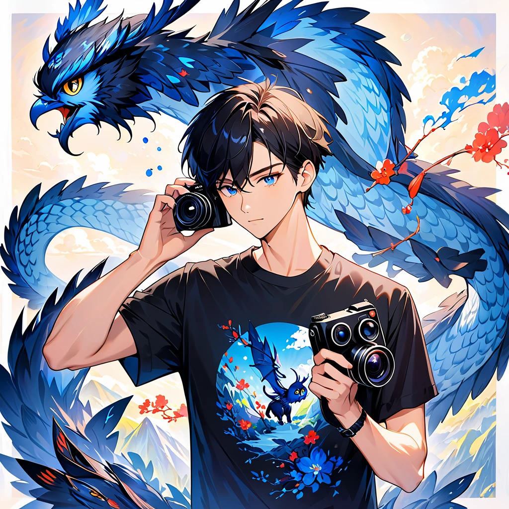 An adultmale in his 30s wearing plain black t-shirt 。The hair is pretty short and black 。Slim and tall。I'm taking a picture of an adorable owl with a black camera 。with a blue dragon swirling in the background 。 colorful ink painting based on blue。