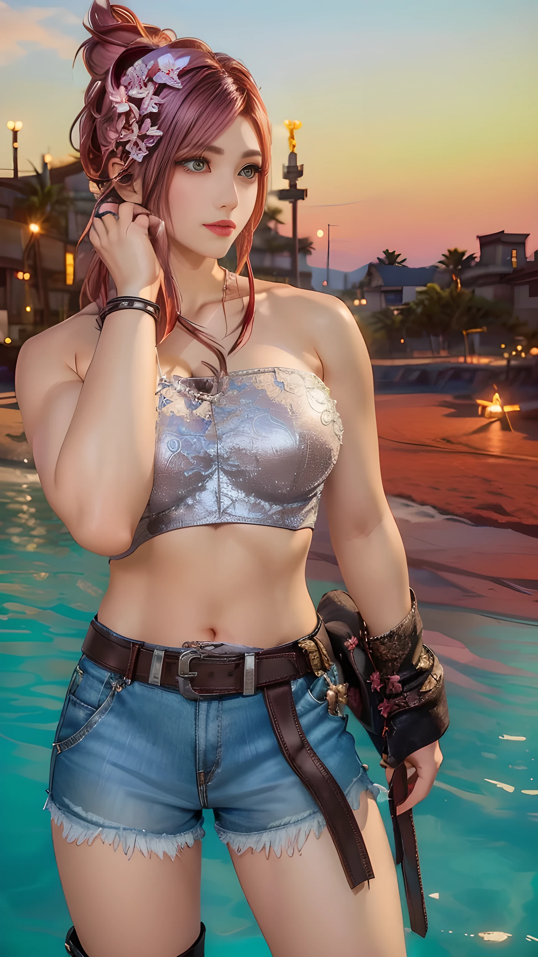 there is a woman standing on beach with a red purple hue hair and brown hammer on right hips and a silver flower hairpin on hair, red lipstick, left hand fixing hair, full body!!, beautiful anime eyes, Muscle body, big muscle lady, wearing a sexy white cropped top, close up half body shot, cyberpunk style outfit, cinematic outfit photo, aloy, jrpg aztec street fashion, location sunset at beach, jrpg fashion, beautiful silver hairpin on the head, full body close-up shot, fantasy outfit, silver flower hairpin, red-purple hair color, short hair, red eye shadow makeup, close up half body shot, full body close-up shot, upper body close up, scales on her chest, heavy gesture style closeup, upper body close - up, detailed upper body, scales covering her chest, highly detailed upper body, full body shot close up, high texture detail), intriguing details, female roegadyn from Final Fantasy 14, (best quality), (best shade), ((erotic, Sexy), ultra high resolution, HD CG unified 8K wallpaper, Physically based rendering, movie lighting),