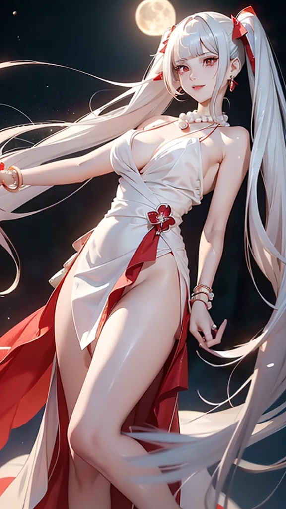 A masterpiece of the highest order, ultra high precision, ultra high image quality, 8K quality, realistic anime style, a woman, a perfect woman with the best anatomical and ergonomic face and body, well-proportioned face and body, (((shiny White Hair))), (((Twin tails, bangs bangs))), slim face, ((narrow Red eyes)), ((deep glossy and shining eyes)), (((highlights on eyes))), very long eyelashes, thin red lips, a tall and slender body, very large breasts, tight waist, large hips, white skin, moist and lustrous skin, (((See-through Red dress with a bold and sexy design))), (((large pearl necklace, large earrings, Corsages, bangles, rings))), ((beautiful smile)), mysterious atmosphere, great presence, ((upper body, beautiful standing pose)), ((The background is the Full moon night))
