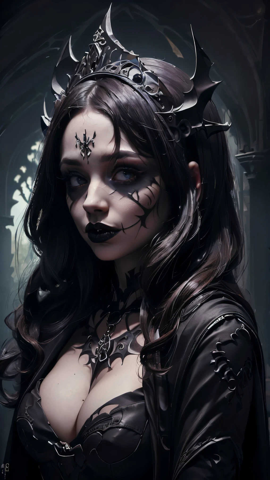 (((Best quality, 8k, Masterpiece: 1.3)), ((best quality)), ((masterpiece)), (detailed), perfect face, Makeup for Halloween, Gothic horror, Bat wings, black clothes, black cloak, white skin, pale skin