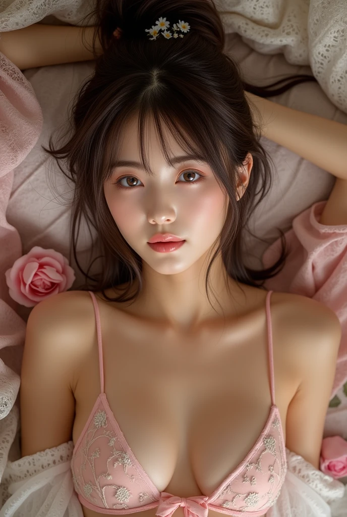 Photo shoot by a professional photographer, UHD, accurate, anatomically correct, masterpiece, textured skin, high details, high quality, 8k、arafed asian woman in a Red bralet laying on a bed, Japanese Model, Gorgeous Chinese Model, Yoshitomo Nara, Red bra, sakimi chan, deayami kojima, by Torii Kiyomoto, sexy :8, tsubasa hanekawa, kiyoko suzuki