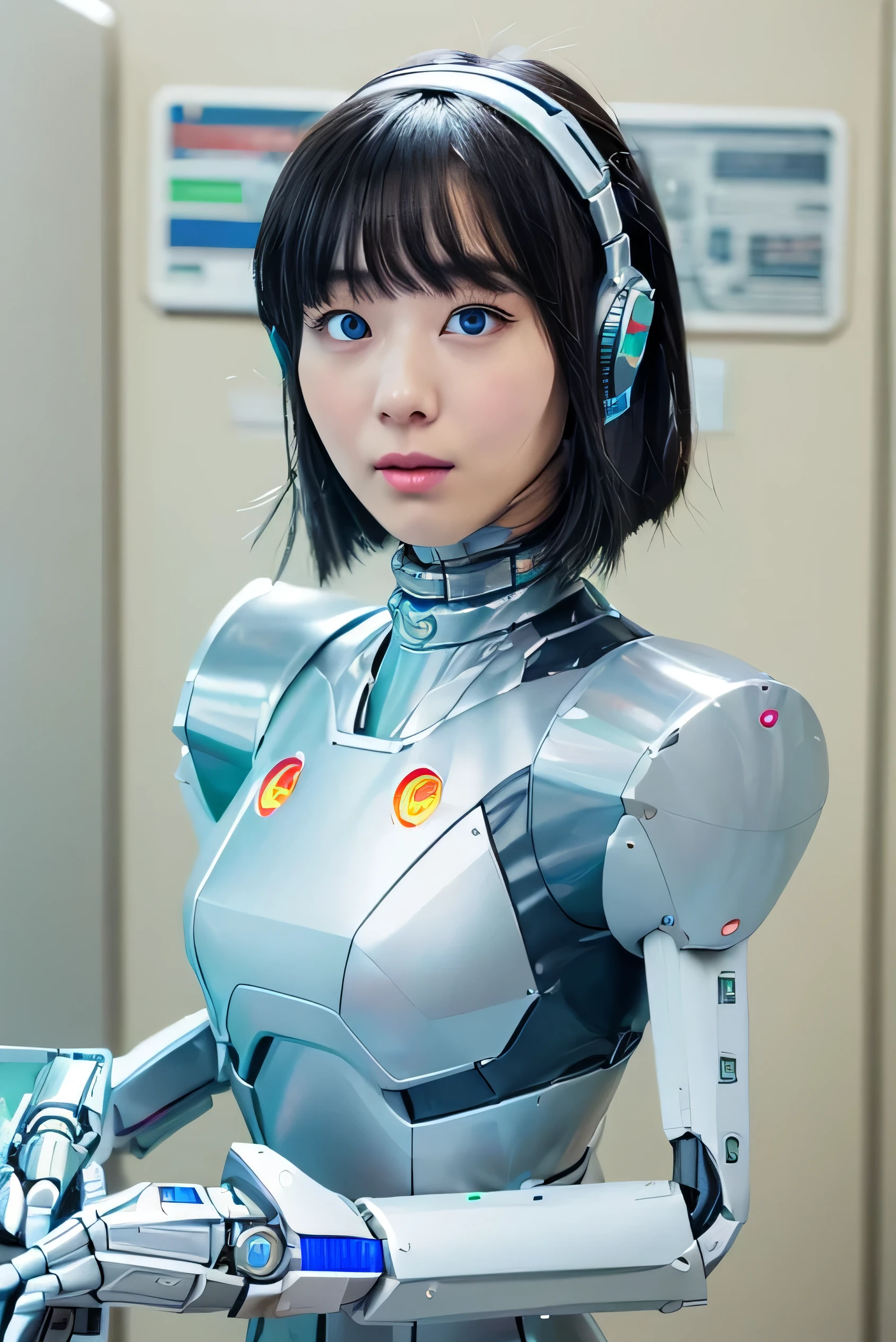 masterpiece, best quality, extremely detailed,  Japaese android girl,Plump , control panels,android,Droid,Mechanical Hand, Robot arms and legs, Black Robot Parts,Black hair,Mechanical body,Blunt bangs,White robotics parts,perfect robot girl,future information counter,reception,long tube,thick cable connected her neck,ceramic body ,mechanical body,mechanical costume,android,robot,humanoid,cyborg,information office,japanese android receptionist ,mechanical chest,blue eyes,office-lady