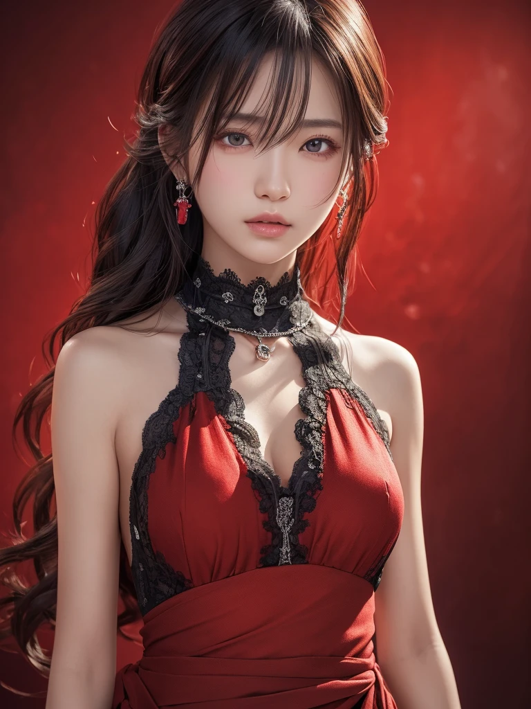 ((Best Quality)),(  ultra high resolution ),( very detailed ),( detailed explanation ),(( best CG )),(a masterpiece),Ultra-detailed art、See-Through 2.0、Outside the shoulder、 clevis、Red background、