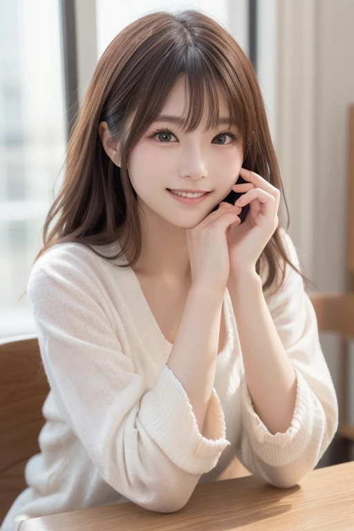 There is a Japanese model sitting at a table with her hands on her cheeks,  Cute Japanese Actress、 looking at the camera 、Detailed and beautiful eyes、Cute smile、A soft and gentle look、Relaxed and bright expression 