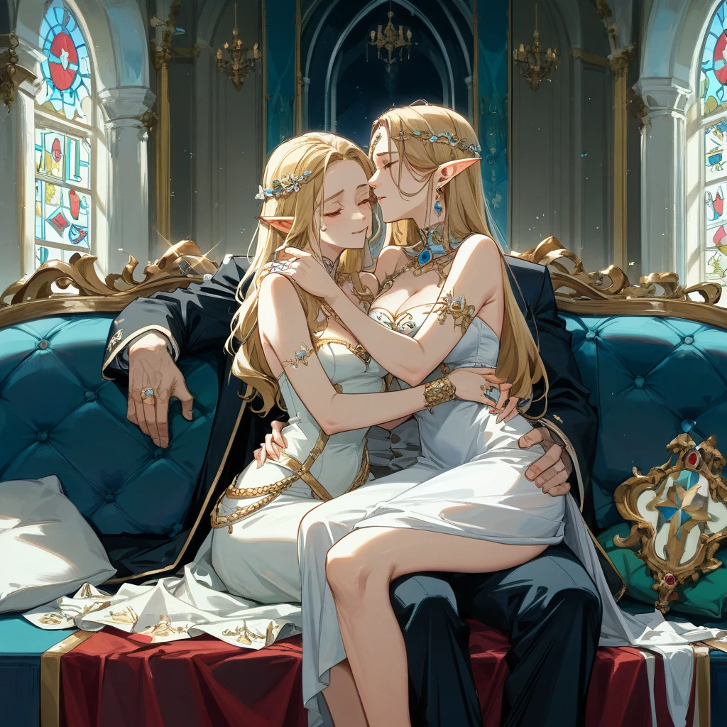 a woman, 1girl, elf, long golden hair, small breasts, long pointed ears, yellow eyes!!!, smiling face, white sexy tunic, deep neckline, crown on the head, sitting on a throne, manor, very sexy body, detailed face, beautiful detailed eyes, beautiful detailed lips, extremely detailed eyes and face, long eyelashes, detailed clothing, intricate details, highly detailed, photo realistic, 8k, best quality, masterpiece, cinematic lighting, dramatic lighting, vibrant colors, fantasy, digital art, concept art