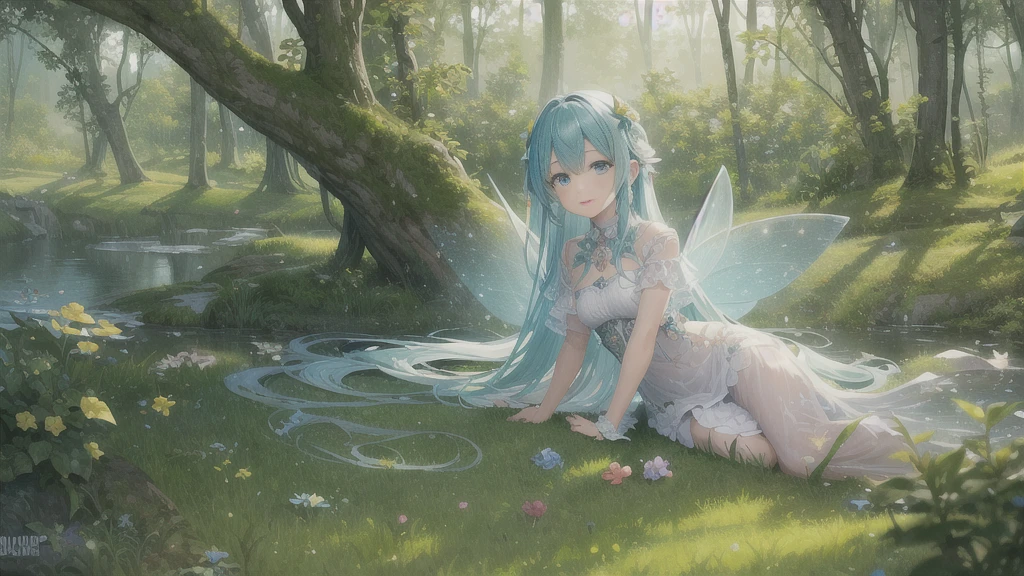 ( absurd,  high quality, Super detailed、Vivid顔, masterpiece,  concept art, smooth,  Highly Detailed Art ,  surrealist painting),,  Transparent fairy wings, cute,  fairy tale,  Romantic , Vivid, Full Body, grassland, Full of light 