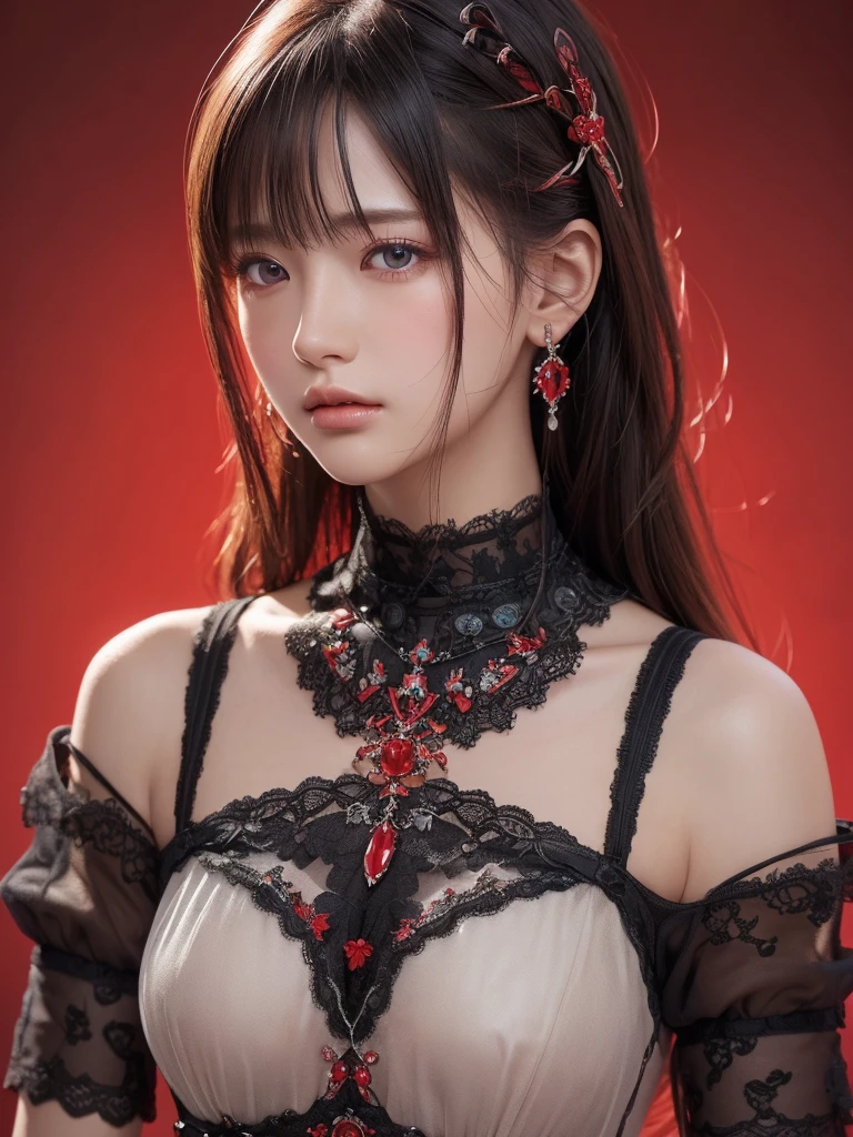 ((Best Quality)),(  ultra high resolution ),( very detailed ),( detailed explanation ),(( best CG )),(a masterpiece),Ultra-detailed art、See-Through 2.0、Outside the shoulder、 clevis、Red background、