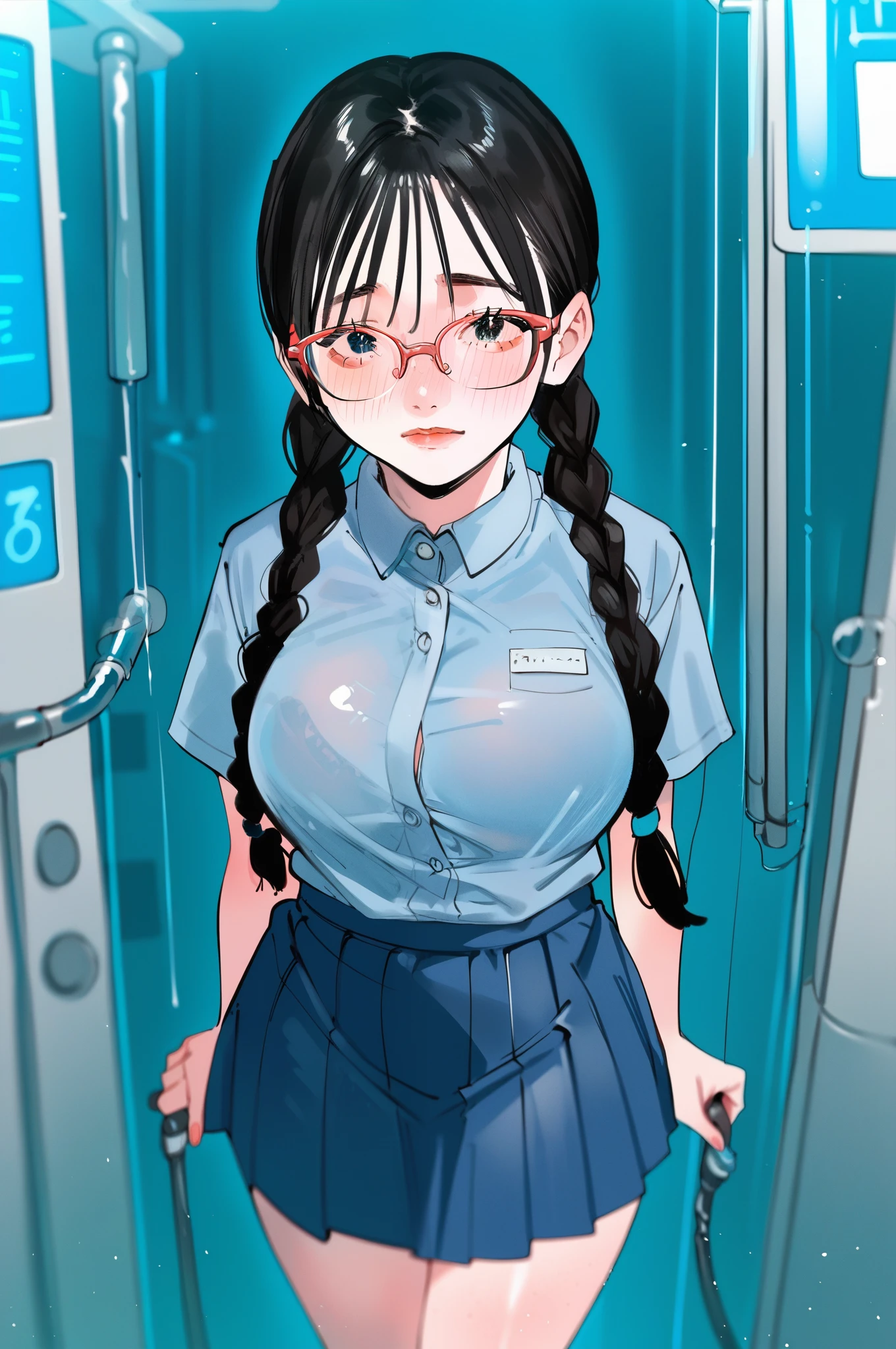 score_9, score_8_up, score_7_up, score_6_up, source_anime, ultra quality, clear lines, looks at the viewer,  (/kaywai style), (anime style), 1 girl, solo, nerdy glasses, black hair, two hair braids, blush, big breasts, scientific coat, blue school shirt, tight skirt, laboratory background