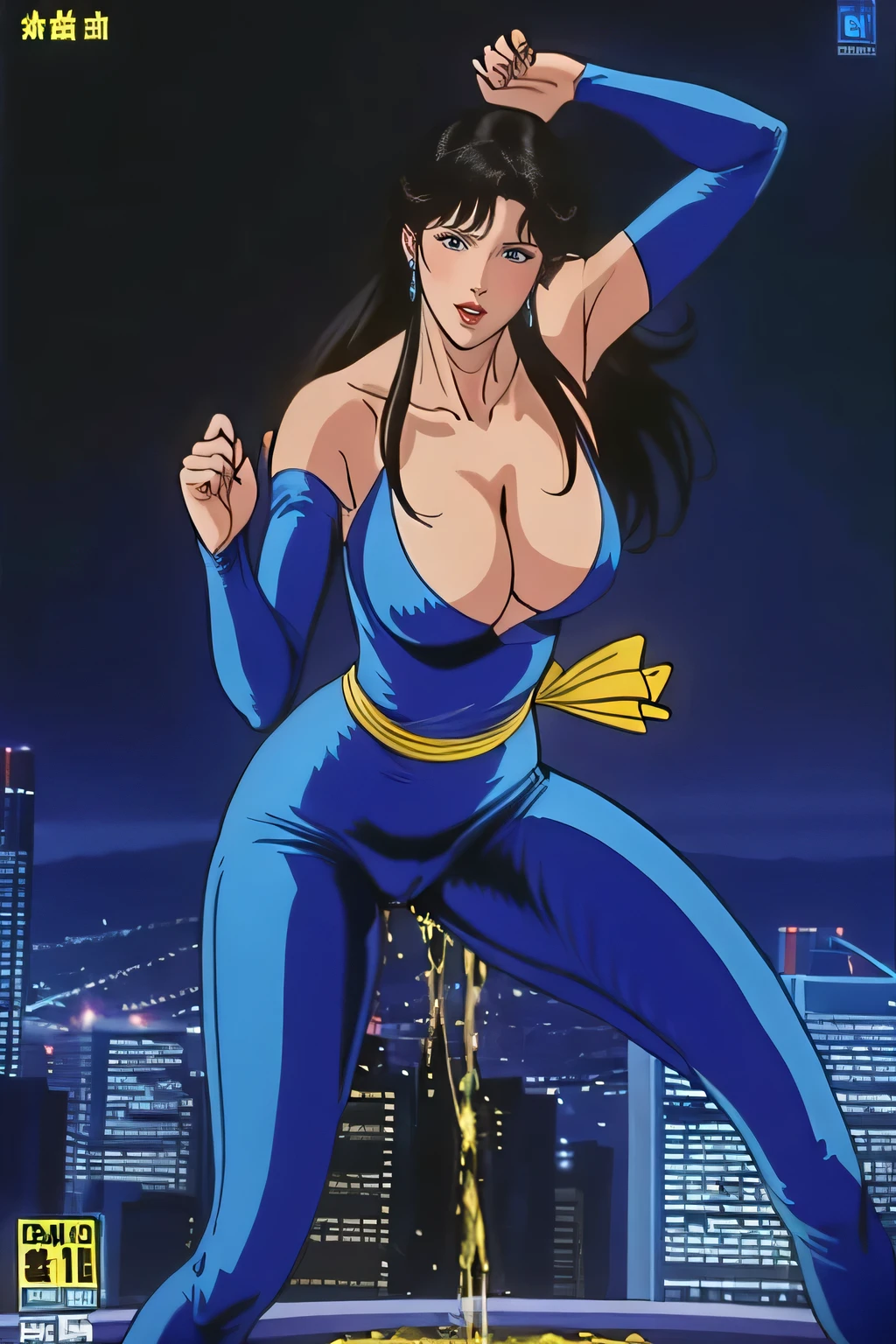 Tall woman,Height: 180 cm,((( is urinating a lot、Women Fighting , Combat pose ))),  costume is violently torn  ,  nipples visible  、 Completely naked 、  cowboy shot of a man 、(((Blue Costume)))Blue clothes, Long Pants ,  can you tear clothes with scissors  ,  the chest is exposed  、(((  cover your crotch with both hands  , Crying face))), ,,  and the mouth is open、 High image quality 、(( Kampala  ))、((masterpiece))、(( High image quality ))、8ｋ、((Facial details))、 Woman 1（HitomiKisugi、  very long hair , Black Hair ,eyelash、  Brown Eyes  :1.3,  Long Straight Hair  、  Brown Eyes  ：1.3, Blue bodice-  ,  Navel Visible Costume  ,Full Body Suit：1.1,Tight-fitting suits,  sparkly costume ,Very thin fabric,((Yellow sash：1.1))、Tall,１８０Centimeters、Slender body、、  I'm posing with my butt sticking out 、,Night view,Above an urban skyscraper 、(( Crying face))