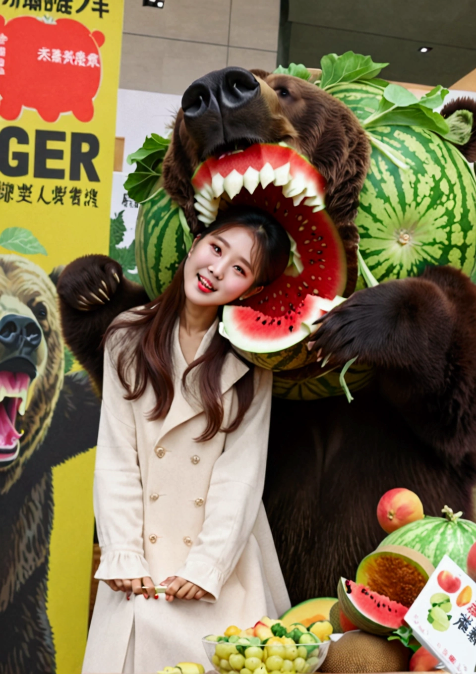 masterpiece、high quality、A bear with a melon on its head、They are nibbling on women