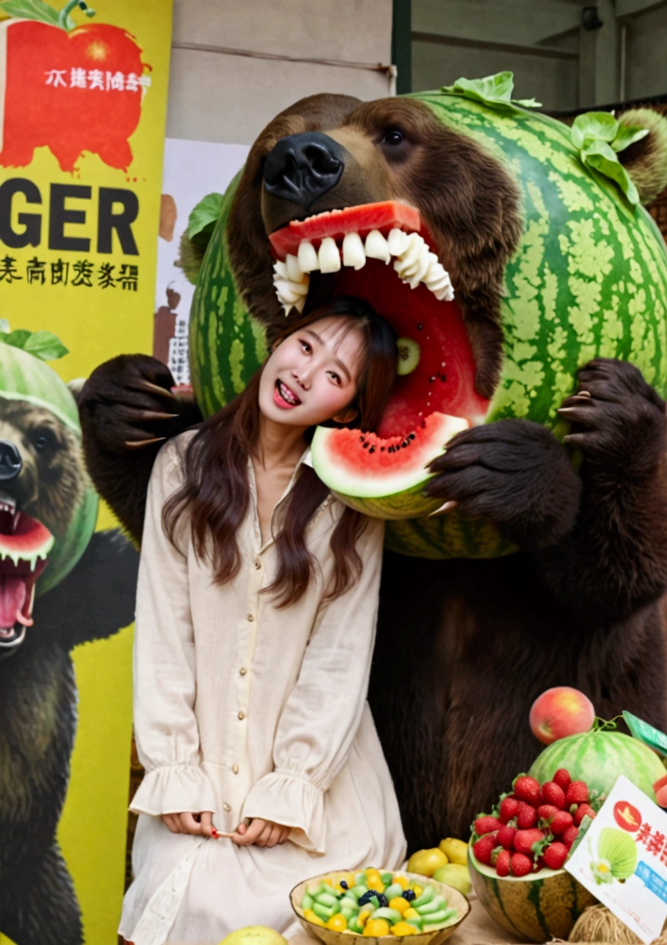 masterpiece、high quality、A bear with a melon on its head、They are nibbling on women