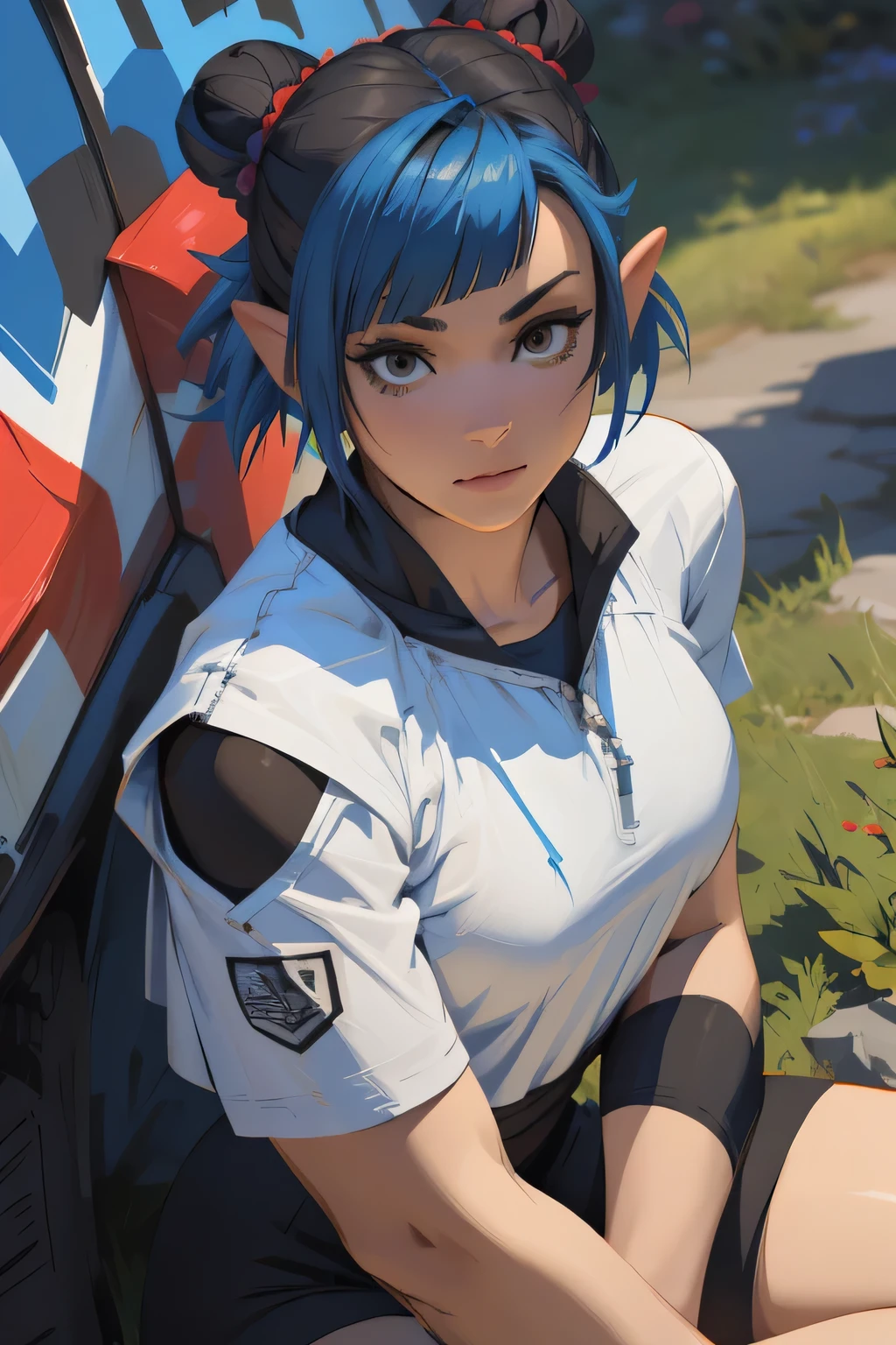 there is a woman with blue hair taking a selfie, short blue hair, with blue hair, blue short hair, short blue hair!!!, messy blue hair, halfbody headshot, blue hairs, blue hair, short blue haired woman, chloe price, sky blue highlights in hair, cyberpunk dyed haircut, flowing blue hair, brown hair with light blue ends, blue and black, LAUFEN, SHORT HAIR, DOUBLE BUN, BLUNT BANGS, Laofen, brown hair, brown eyes, hair_ornament,