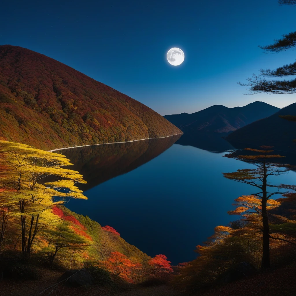 Lake Yamakami ,Lake on the mountain,Autumn Clear Skies, Shadow of a Giant Nana,Full moon night