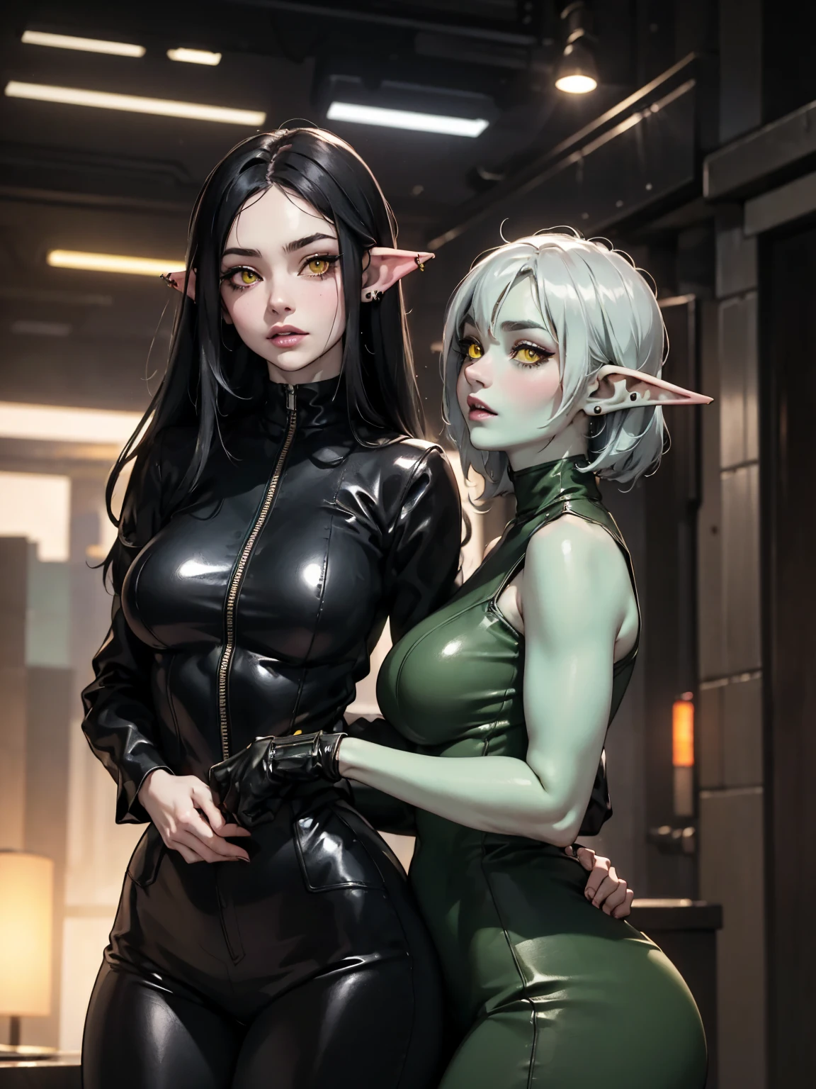 (best lighting) (best quality, masterpiece:1.2), (absurdres), wide portrait, alluring, coy, shy, one woman, (((pale green skin))), ((goblin girl)), ((very long, straight black hair)), ((yellow eyes)), ((cyberpunk, futuristic fashion, high neck top, high waisted, leather)), (chubby, curvy), ((silver piercings)), ((goblin)), (((night club))), diffused light, neon light, soft lighting, hazy, cinematic  