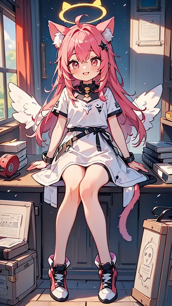 masterpiece,best quality,ultra detailed,
1 cute  boy, pink hair,long hair,cat ears,cat tail,angel wing,halo,