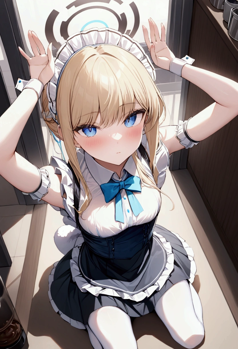  High image quality、masterpiece、 high quality、Full HD、4K、kneel、Hands in rabbit pose、View from above、blonde 、 blue eyes 、White brim、 put their hair together、 white shirt  、 white stockings  、 arm garter、corset、 light blue panties 、  black skirt、 maid clothes、slender、Coffee shop