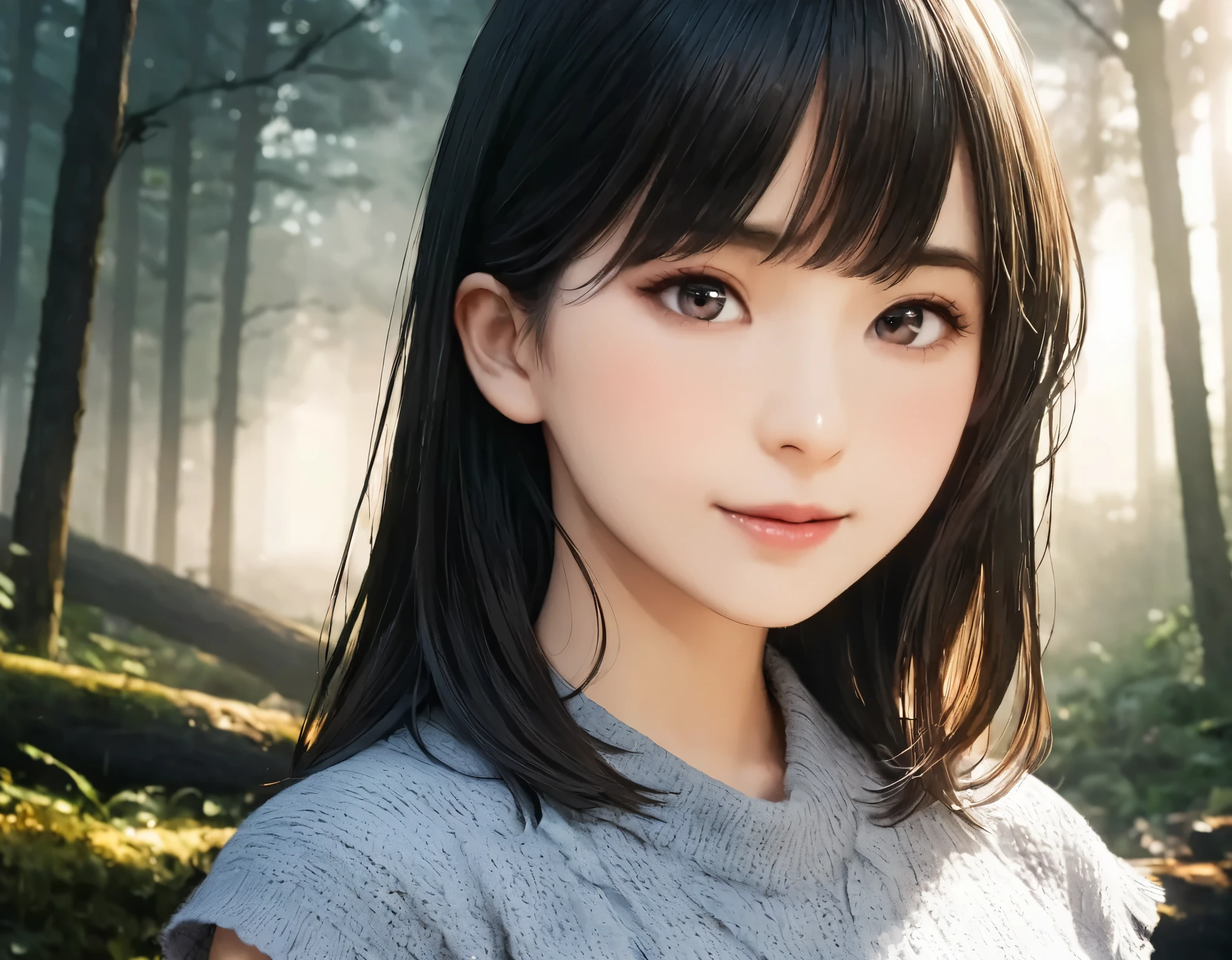 (best quality, 8k, high resolution:1.2), 1girl, forest, fog, morning sunshine, upper body