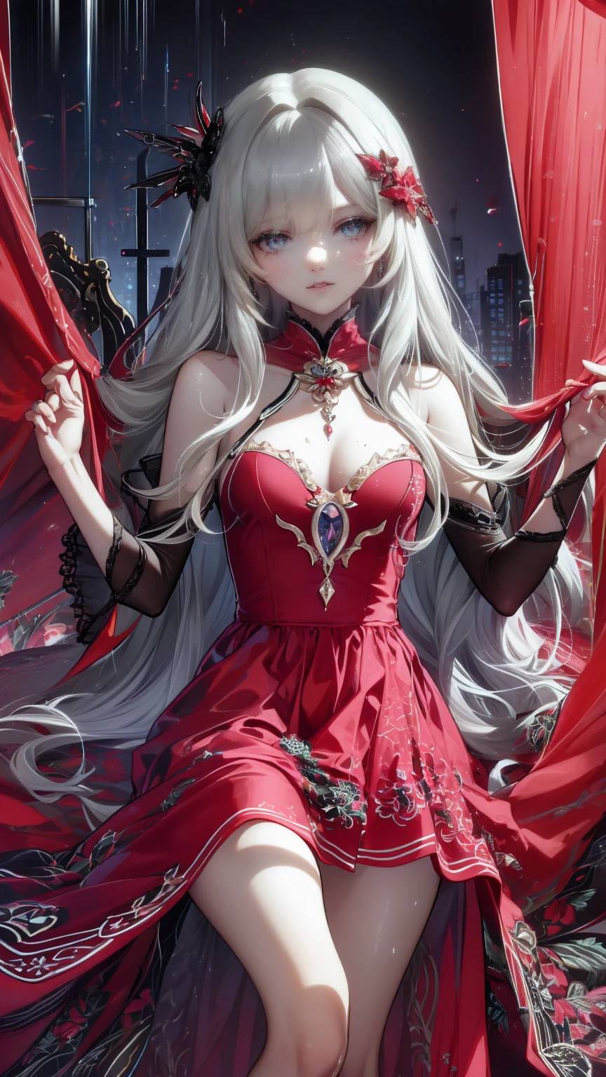  very detailed な壁紙,  very detailed , Detailed Shadows,  very accurate and detailed , High resolution 8K wallpaper,  very beautiful 8K scene wallpaper modin disney, Arafed,  action shot, Dark  Fantasy Art ,  Fantasy Art , Gothic art,  Picture of a Female Vampire , Exquisite beauty, whole bodyショット , dark glamour shot, pale white skin , Blonde, Long Hair,  Wavy Hair, ( Sparkling Grey : 1.3) eye, she (red: 1.3) red thigh suit, ArmoredDress, she手に剣を持っている, ( Ready for Battle : 1.4) ,  Roses are printed on the suit (black: 1.4) black roses,  High Heels , dark castle, dark, black and color,  Dark Art Painting Style , flower dress, (( 1 Girl, Alone, Alone, Ninim , Gray Hair, redいeye,  hair ornament, Small breasts, Long Hair,  fitness )), ((Alone, (1 Female, Pink lipstick),  very detailed ,  Ambient Soft Lighting , 4K, Perfect Eyes,  perfect face, Perfect lighting , a  1 Girl)), ((blackいドレス,  Long Dress , redい大鎌を振るう, Abandoned castle, Haunted Castle, fog, mist, Knight , Smell of the Moon , Dead Tree)),Old ruined church. . 彼女のblackいドレスは破れている，There are stains in many places. Her Grey Hair is dull, long creepy .  light shines through a broken stained glass window 。.頭にdevilの角.背中にコウモリのwingがある.teeth,(Best writing,  so delicate and beautiful ),(Best writing,  so delicate and beautiful ), (  beautiful and delicate face ), (詳細なeyeと詳細な顔:1.2), Dark fantasy, Alone,  cute smile  , Grey Hair,  Dynamic Angle, vampire), (gaint vampire castle in background), (redい月, redい空), Pointed_, teeth, devil&#39;wing, devil horns, There&#39;There&#39;s blood on your face, Blood Rain, ブラッドmist, (  The depth of the written border ), In the city , ( Blood Splatter :1.4),  shooting a cowboy , whole body,Small doll
