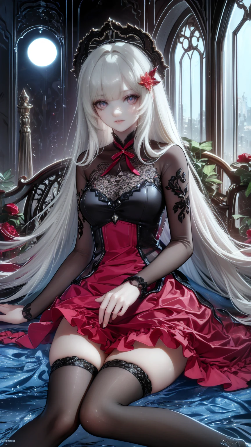  very detailed な壁紙,  very detailed , Detailed Shadows,  very accurate and detailed , High resolution 8K wallpaper,  very beautiful 8K scene wallpaper modin disney, Arafed,  action shot, Dark  Fantasy Art ,  Fantasy Art , Gothic art,  Picture of a Female Vampire , Exquisite beauty, whole bodyショット , dark glamour shot, pale white skin , Blonde, Long Hair,  Wavy Hair, ( Sparkling Grey : 1.3) eye, she (red: 1.3) red thigh suit, ArmoredDress, she手に剣を持っている, ( Ready for Battle : 1.4) ,  Roses are printed on the suit (black: 1.4) black roses,  High Heels , dark castle, dark, black and color,  Dark Art Painting Style , flower dress, (( 1 Girl, Alone, Alone, Ninim , Gray Hair, redいeye,  hair ornament, Small breasts, Long Hair,  fitness )), ((Alone, (1 Female, Pink lipstick),  very detailed ,  Ambient Soft Lighting , 4K, Perfect Eyes,  perfect face, Perfect lighting , a  1 Girl)), ((blackいドレス,  Long Dress , redい大鎌を振るう, Abandoned castle, Haunted Castle, fog, mist, Knight , Smell of the Moon , Dead Tree)),Old ruined church. . 彼女のblackいドレスは破れている，There are stains in many places. Her Grey Hair is dull, long creepy .  light shines through a broken stained glass window 。.頭にdevilの角.背中にコウモリのwingがある.teeth,(Best writing,  so delicate and beautiful ),(Best writing,  so delicate and beautiful ), (  beautiful and delicate face ), (詳細なeyeと詳細な顔:1.2), Dark fantasy, Alone,  cute smile  , Grey Hair,  Dynamic Angle, vampire), (gaint vampire castle in background), (redい月, redい空), Pointed_, teeth, devil&#39;wing, devil horns, There&#39;There&#39;s blood on your face, Blood Rain, ブラッドmist, (  The depth of the written border ), In the city , ( Blood Splatter :1.4),  shooting a cowboy , whole body,Small doll
