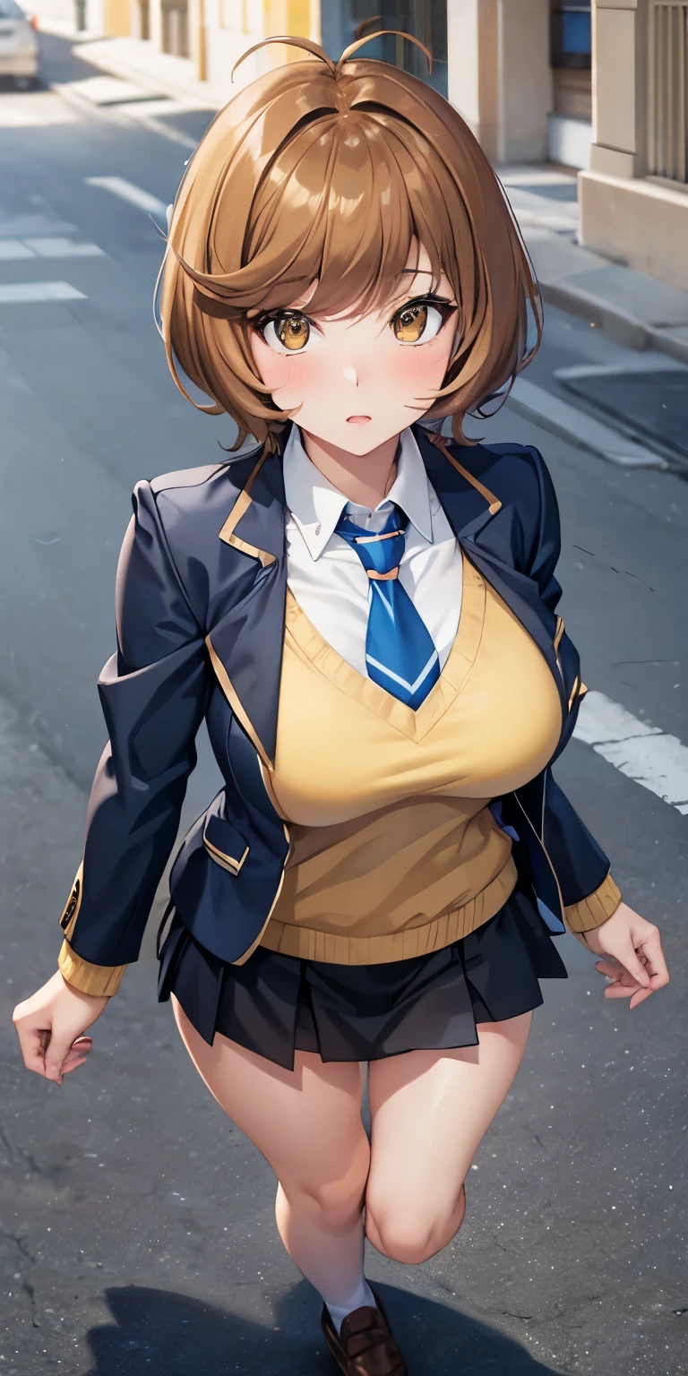 1 Female,High definition,high resolution,Ultra-realistic,8K, hmza, short hair, antenna hair, brown eyes, school uniform,( blue necktie), (yellow shirt),(black jacket), long sleeves, black skirt,tight skirt , miniskirt ,brown shoes,large breasts,European,sexy,Upper body close-up,Photographed from the front,Dynamic Angles,blush, big tits ,(top view),(full body) , perfect face,cute face,perfect face,cute face,ultra high definition, detailed face,8k