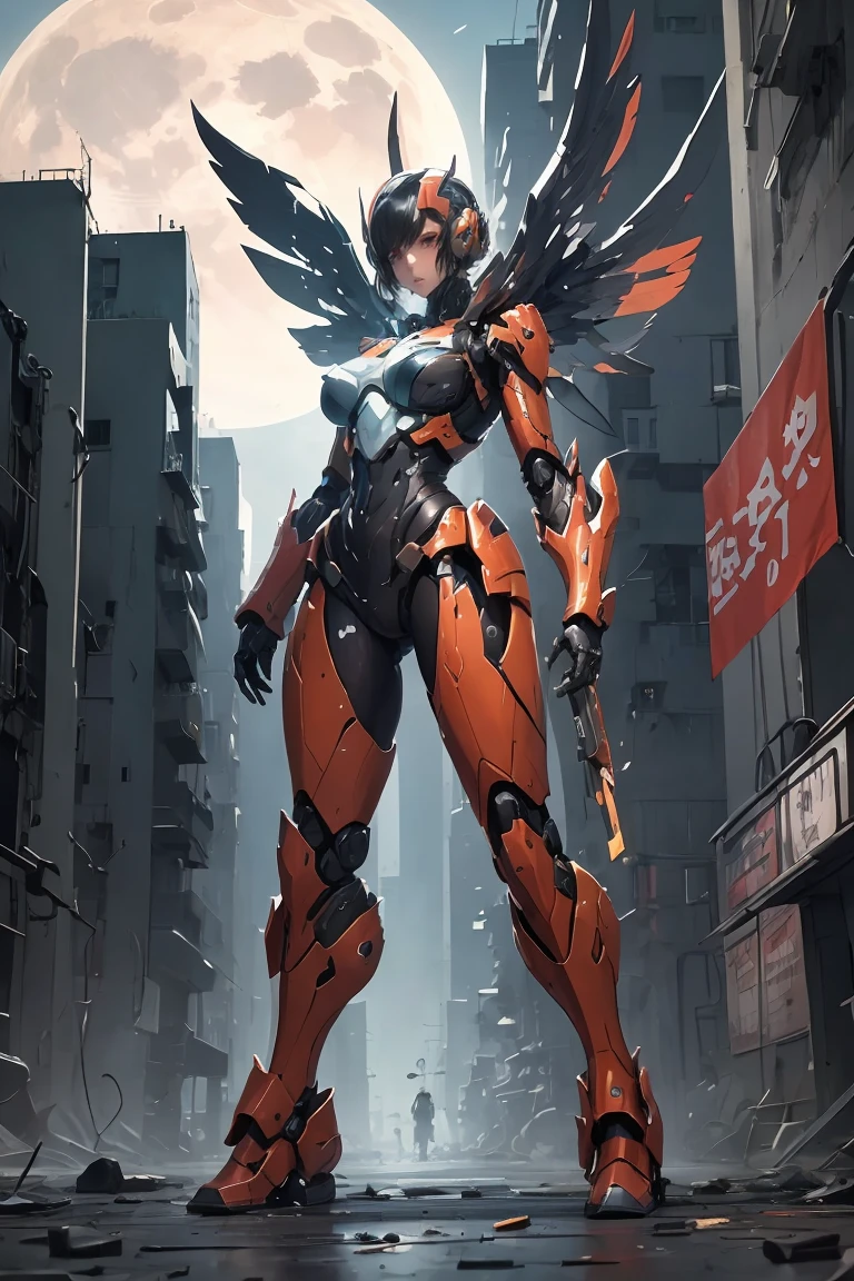 Red Theme, Phoenix Mech, Mecha Wings,  Cyberpunk, Best Quality, masterpiece, Unmanned, Full Body, Mechanical Wonders , strong, moon, City in Ruins, Best Qualityのデジタルアート,  amazing art, wallpaper 4k, Advanced Details, military用ロボット, military, War Zone,  Dynamic Lighting , movie, amazing, Damaged machine parts