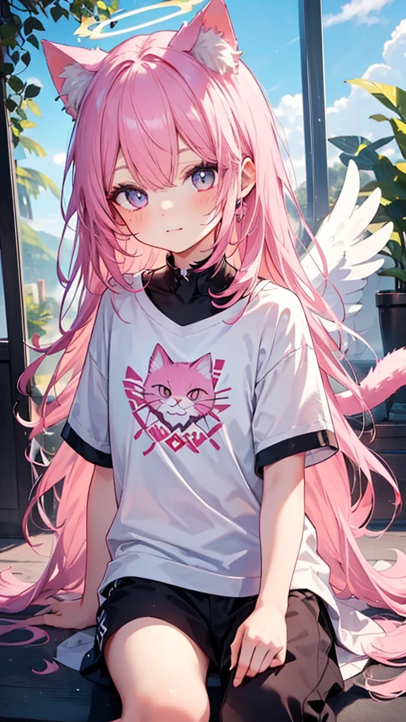 masterpiece,best quality,ultra detailed,
1 cute  boy, pink hair,long hair,cat ears,cat tail,angel wing,halo,