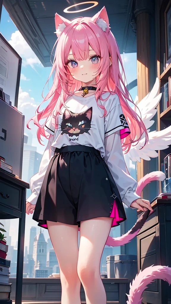 masterpiece,best quality,ultra detailed,
1 cute young boy, pink hair,long hair,cat ears,cat tail,angel wing,halo,