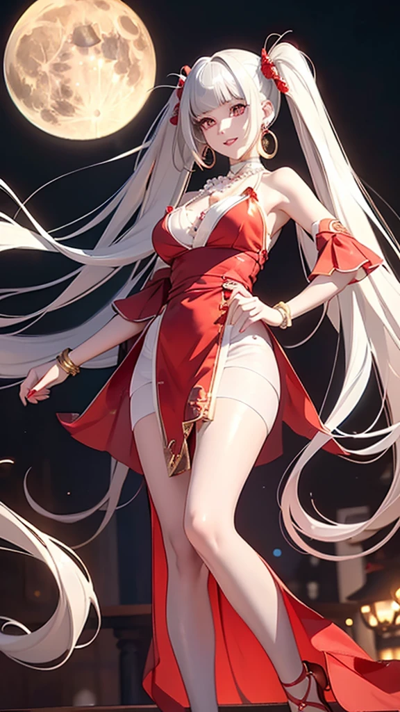 A masterpiece of the highest order, ultra high precision, ultra high image quality, 8K quality, realistic anime style, a woman, a perfect woman with the best anatomical and ergonomic face and body, well-proportioned face and body, (((shiny White Hair))), (((Twin tails, bangs bangs))), slim face, ((narrow Red eyes)), ((deep glossy and shining eyes)), (((highlights on eyes))), very long eyelashes, thin red lips, a tall and slender body, very large breasts, tight waist, large hips, white skin, moist and lustrous skin, (((See-through Red dress with a bold and sexy design))), (((large pearl necklace, large earrings, Corsages, bangles, rings))), ((beautiful smile)), mysterious atmosphere, great presence, ((upper body, beautiful standing pose)), ((The background is the Full moon night))
