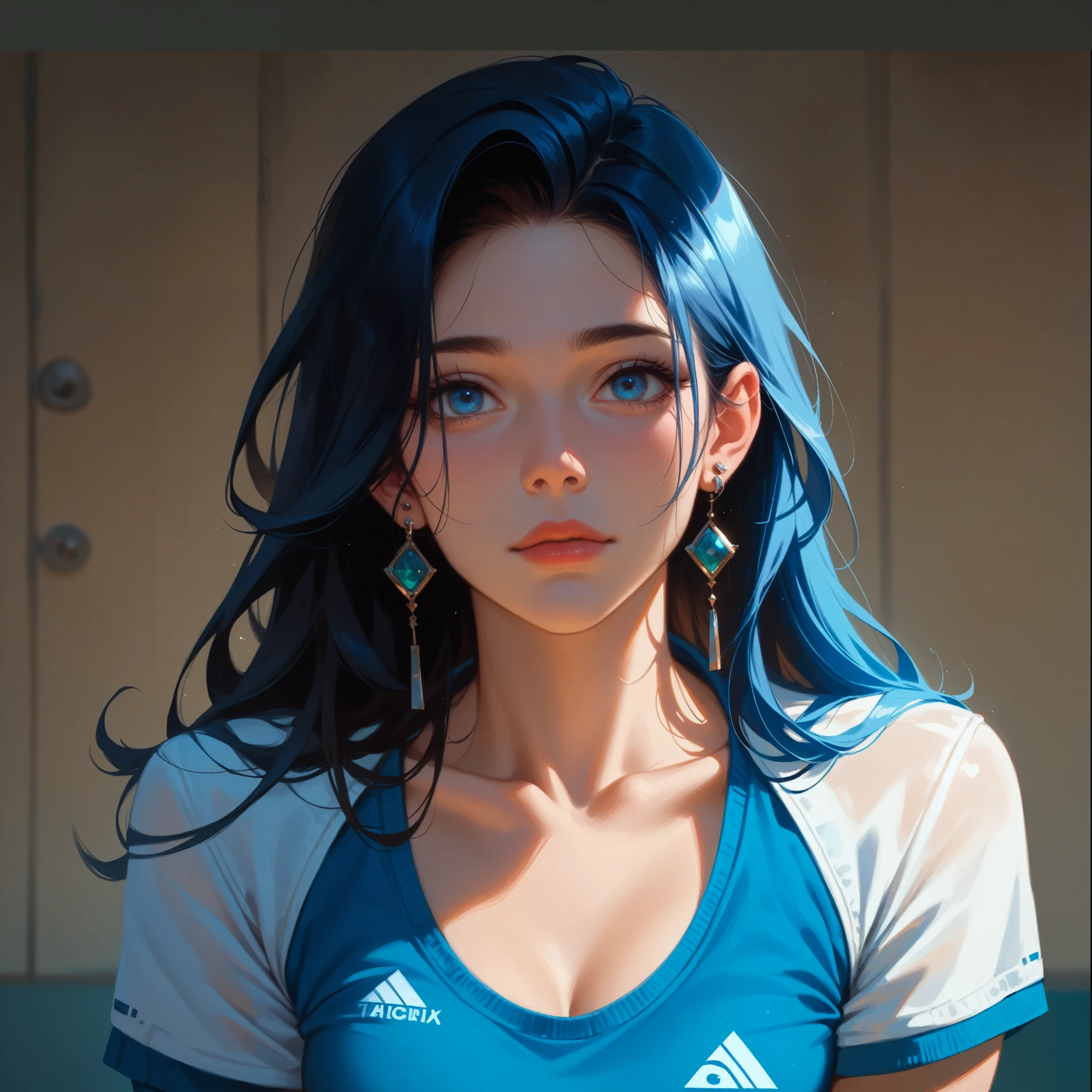 perfect body, sexy, best quality, clear quality, high quality, 4K, 8k, portrait of a girl,  girl with pale skin,  in a tracksuit , dark blue hair ,  longer hair,  blue eyes , earrings, beautiful, attractive, adult,  looks directly at the viewer. adult face, очень adult,  stands straight , right in front of the camera , belt