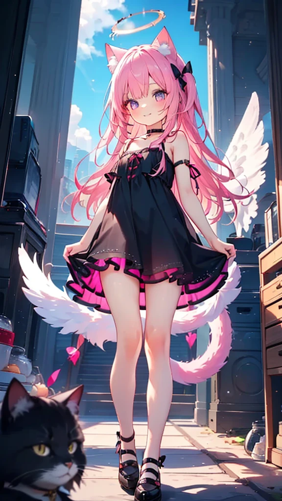 masterpiece,best quality,ultra detailed,
1 cute young boy, pink hair,long hair,cat ears,cat tail,angel wing,halo, frilly camisole dress,