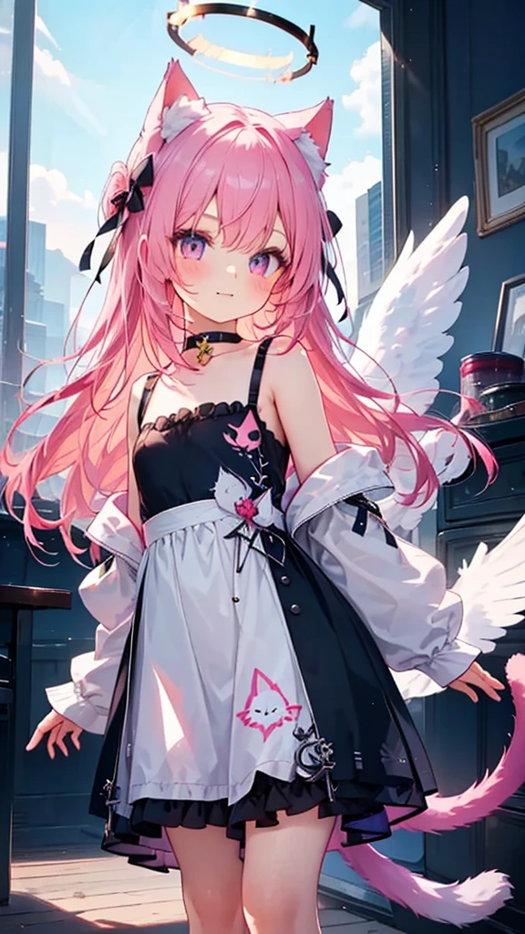 masterpiece,best quality,ultra detailed,
1 cute young boy, pink hair,long hair,cat ears,cat tail,angel wing,halo, frilly camisole dress,