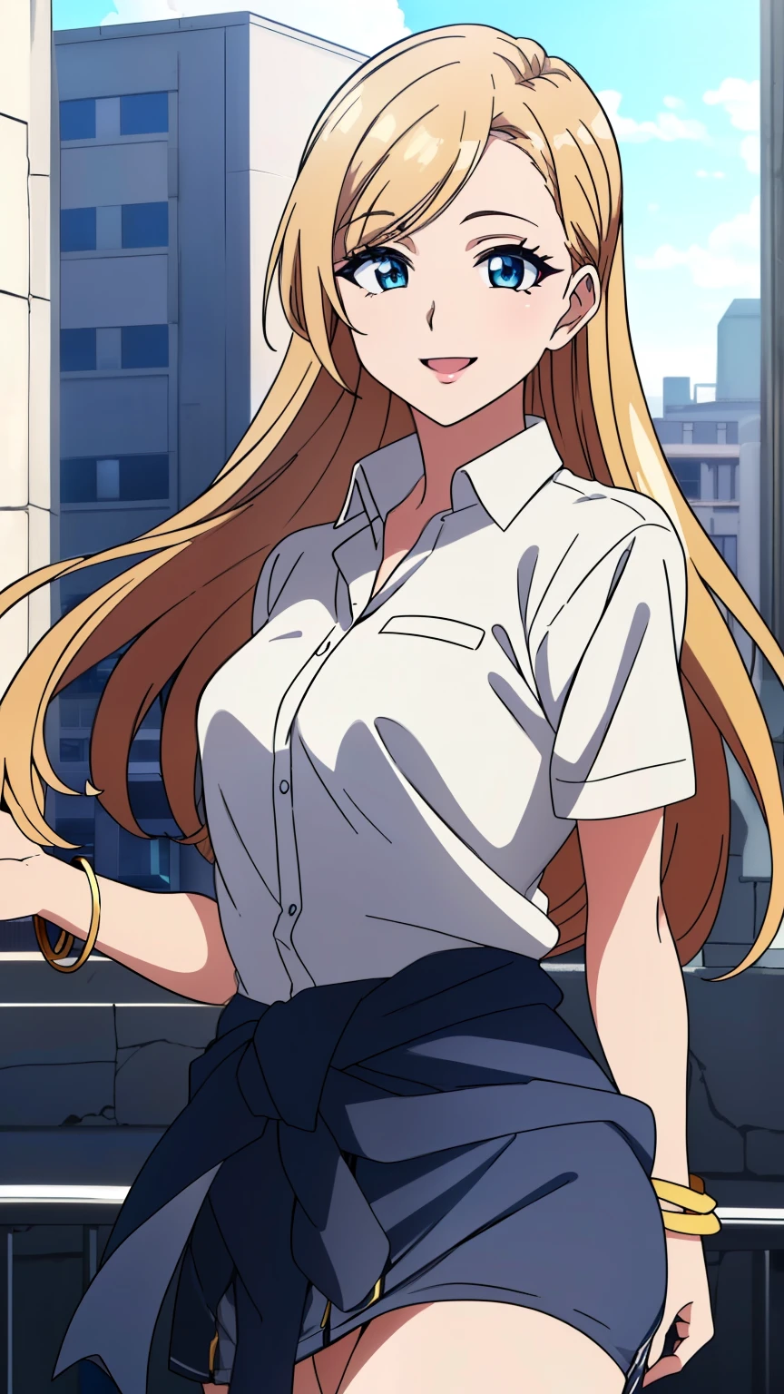 (masterpiece best quality, 8k:1.2), (anime coloring:1.3), high resolution, unity 8k wallpaper, (beautiful detailed eyes:1.2), extremely detailed face, perfect lighting, extremely detailed CG, beautiful eyes, perfect eyes, detailed eyes, (small eyes:1.0), symmetrical eyes, (mature face:1.4), (natural lip, blond hair, long hair, side tail), smile, (cheerful person:1.5), lively, blue eyes, (small breast:1.1), (perfect hands, perfect anatomy), (sexy pose), (heavy makeup:1.3, (false eyelashes), bracelet, (dress shirt, short sleeve, clothes around waist, mini skirt, city), solo, dynamic pose, dynamic angles, looking at viewer, (cowboy shot:1.3),