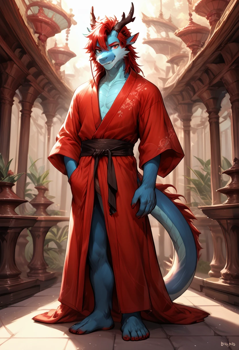  male ,anthro, eastern dragon,horns, greyishh blue body, red hair, plantigrade, standing, twink, reference, robe, regal oriental outfit, fantasy, itmstyle