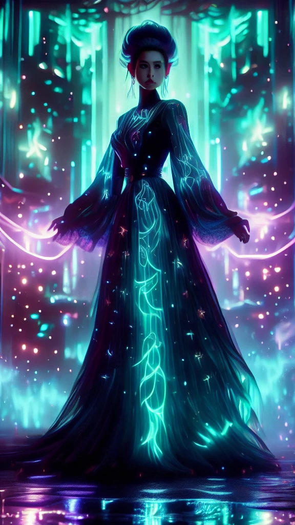 An enigmatic woman with Glowing blonde white Long hair in a sleek, form-fitting black elegant dress emits a mesmerizing bioluminescent aura, wielding an awe-inspiring katana forged from pure galactical energy, surrounded by vibrant lightning, all set against the backdrop of bustling Tokyo, in a fighting pose. This striking image, whether a painting or photograph, captures the woman's graceful yet powerful presence, with every detail meticulously rendered to convey a sense of otherworldly beauty and strength. The viewer is drawn into a scene that seamlessly blends elegance with celestial power, creating a mesmerizing and high-quality visual experience.