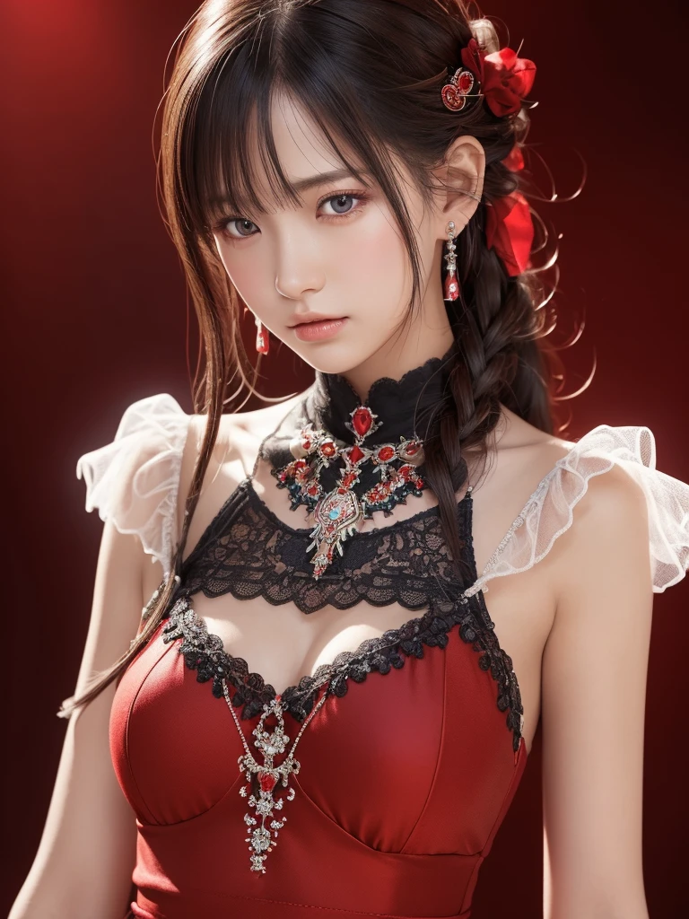 ((Best Quality)),(  ultra high resolution ),( very detailed ),( detailed explanation ),(( best CG )),(a masterpiece),Ultra-detailed art、See-Through 2.0、Outside the shoulder、 clevis、Red background、