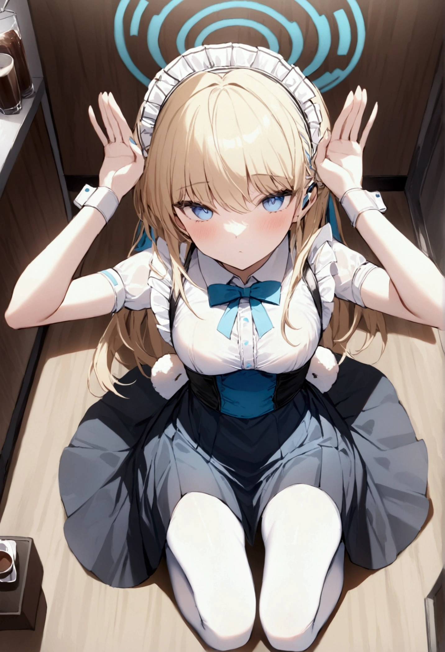  High image quality、masterpiece、 high quality、Full HD、4K、kneel、Rabbit pose with hands、View from above、blonde 、 blue eyes 、White brim、 put their hair together、 white shirt  、 white stockings  、 arm garter、corset、 light blue panties 、  black skirt、 maid clothes、slender、Coffee shop