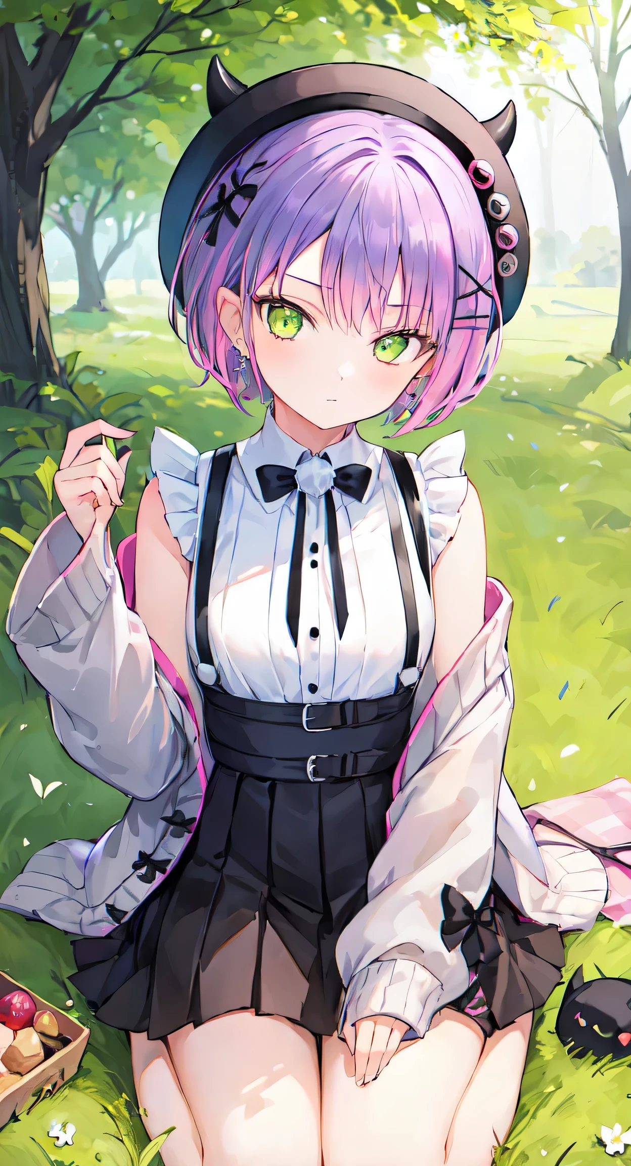 (masterpiece、Best Quality)、 Exquisite Details 、One girl、bbtowa、 short haired 、Black Hat、Beret、False horns、Hair accessories、Earrings、悪魔のしっぽ、Black bow tie、 white shirt 、 sleeveless 、 off shoulder、Grey cardigan、Open clothes、Sleeves to wrist、 black skirt 、 suspender skirt 、 thigh strap 、seiza、picnic、Outdoor、Grass、tree、sun、