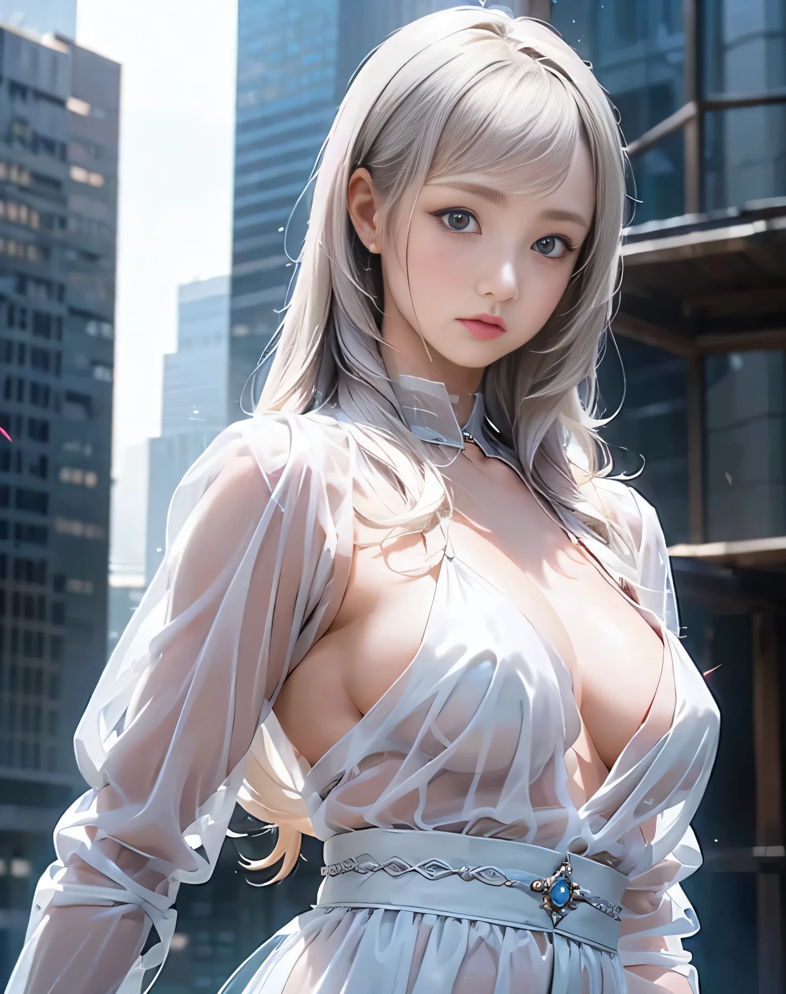 (Realistic:1.8),(High resolution:1.6),(1 girl:1.5),(solo:1.5),(Cool woman:1.2),(small face),(look at viewer:1.2),(silver hair),(long hair),(bangs:1.3),(slender),(big saggy breasts:1.5),(Future cyberpunk City1.3),(Skyscrapers),(night),(Detailed eyes),(Accurate eyes),(Black-eyes),(Wide eyes),(Realistic eyes),(skin tight),(Sheer White night dress:1.2),lace,Frill,mesh,(Sheer:1.9),(See-through:1.9),(cyberpunk),protector,(Showgirl),(gallant:1.3)