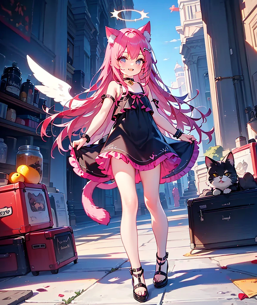 masterpiece,best quality,ultra detailed,
1 cute  boy, pink hair,long hair,cat ears,cat tail,angel wing,halo, frilly camisole dress,