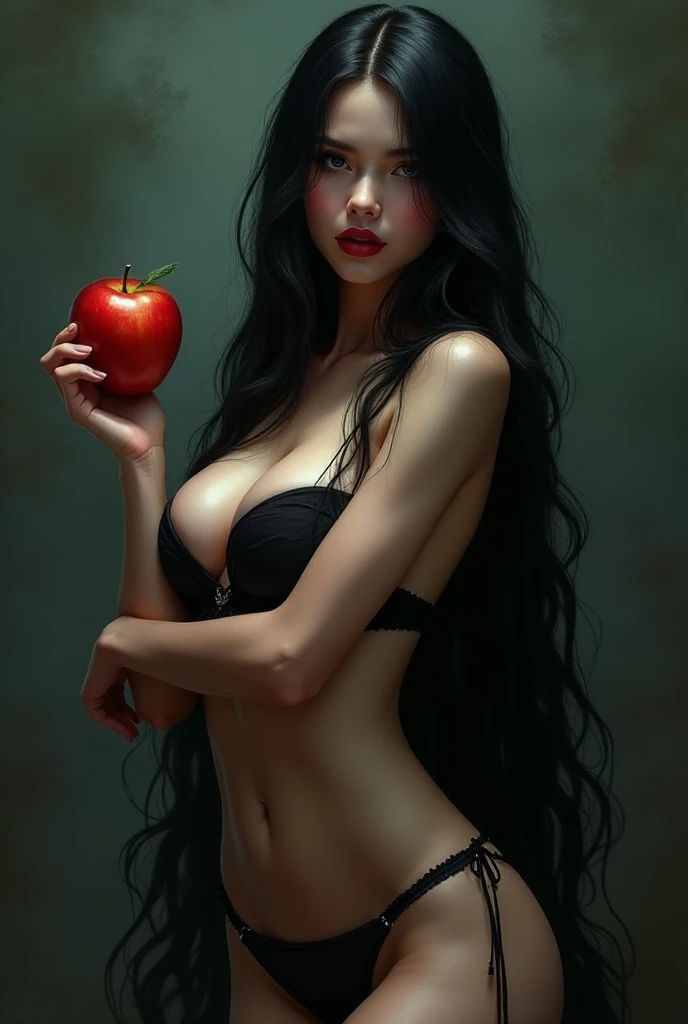 ((RAW photos)，absurd，(absurd分辨率))，masterpiece， best quality，( extremely detailed 8k unity CG wallpaper)，(Best Illustration)，(Best shadow)，Realistic Lighting， beautiful and detailed brilliance ，((21 years old))，girl，Long black hair， HUGE BREASTS，Black Queen，Wearing only underwear，Holding Apple，Poison Apple，Witch Queen，Red lipstick，(((Her photography perspective)))