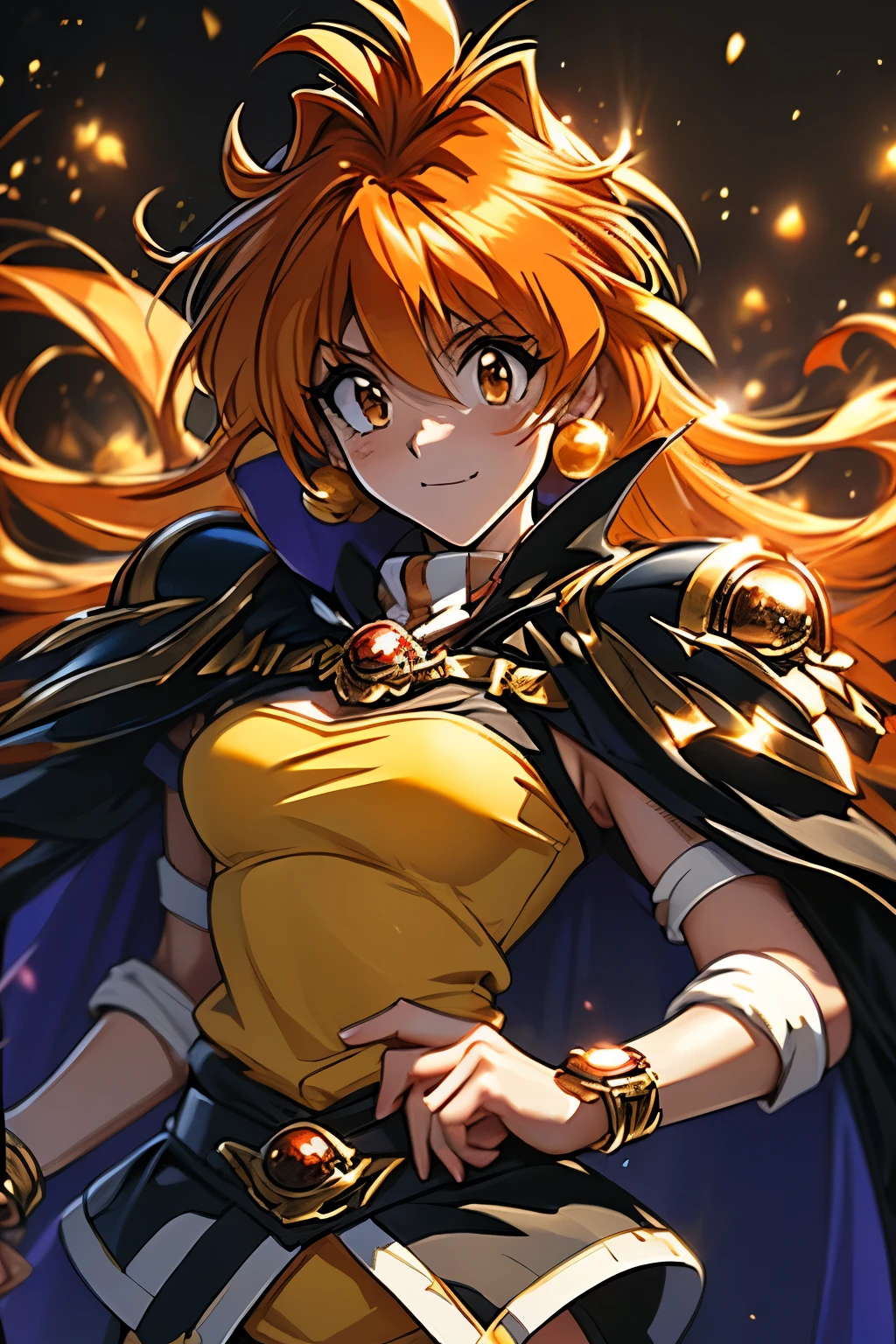 （（（ＳＦＷ、Highest quality、 first class、masterpiece、Normal body、8k、Detailed face、Ultra-precision、Normal hand、Normal finger、Masterpiece）））、 Slayers 、 Reinverse 、Lina Inverse、Orange Hair、 yellow tube top、Black Cape、Black Gold Shoulder Strap 、RYUBA CHOP、Magic chant