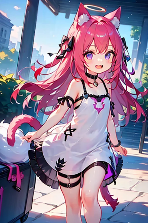 masterpiece,best quality,ultra detailed,
1 cute young boy, pink hair,long hair,cat ears,cat tail,angel wing,halo, frilly camisole dress,