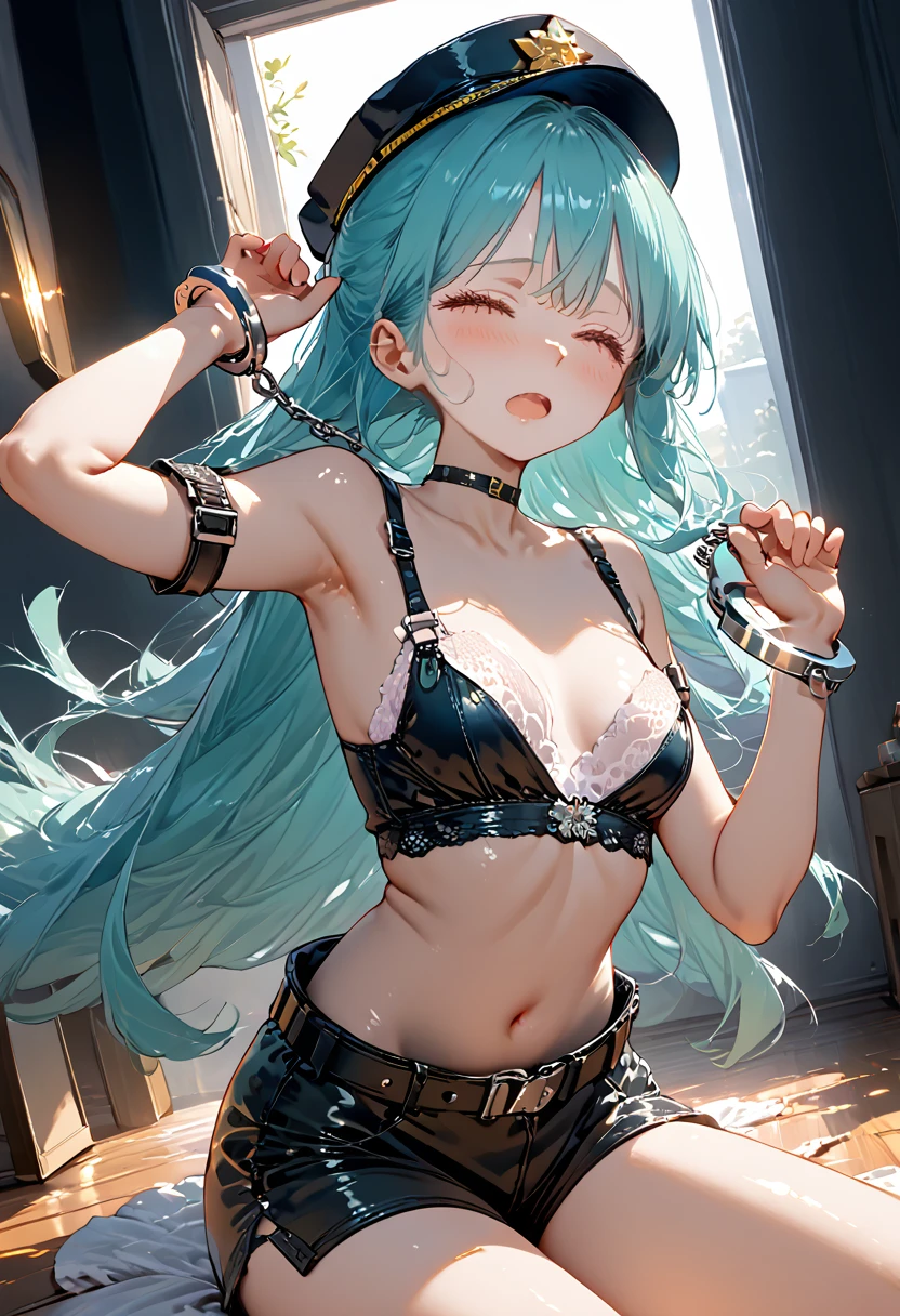 Masterpieces, Alone, Solo, Blue hair, Short hair, Hair inhalation, Torn clothes, Handcuffs, Chains, Navel, Tears, (back arm: 1.2), Bondage, Tightness, Chains, Heart-shaped pupils, Open mouth, Sailor Moon cosplay, No bra, No panties