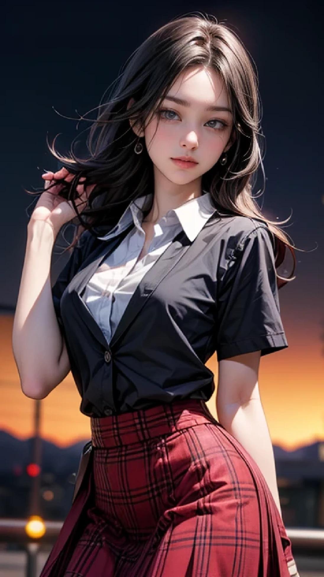 (ディテールブラウンヘア, ポニーテール), eyeshadow, sakura asumi - nakaima hime [DVD 720p-xvid ], 1girl, Alone, black hair, skirt, smile, plaid, plaid skirt, school uniform, shirt, looking at viewer, score_7_up, (masterpiece, ultra high resolution, 8k, 16k, Super detailed), software, ((Hero View)), 1 Girl, Purple Hair, (Curvy Hair, Long Hair, Hime Cut:1.2), Black Tuxedo, open button tuxedo , ( place your hand on your lower back), Night view, flashy bright background, Fashionista, narrow depth of field , Bokeh, Contrast