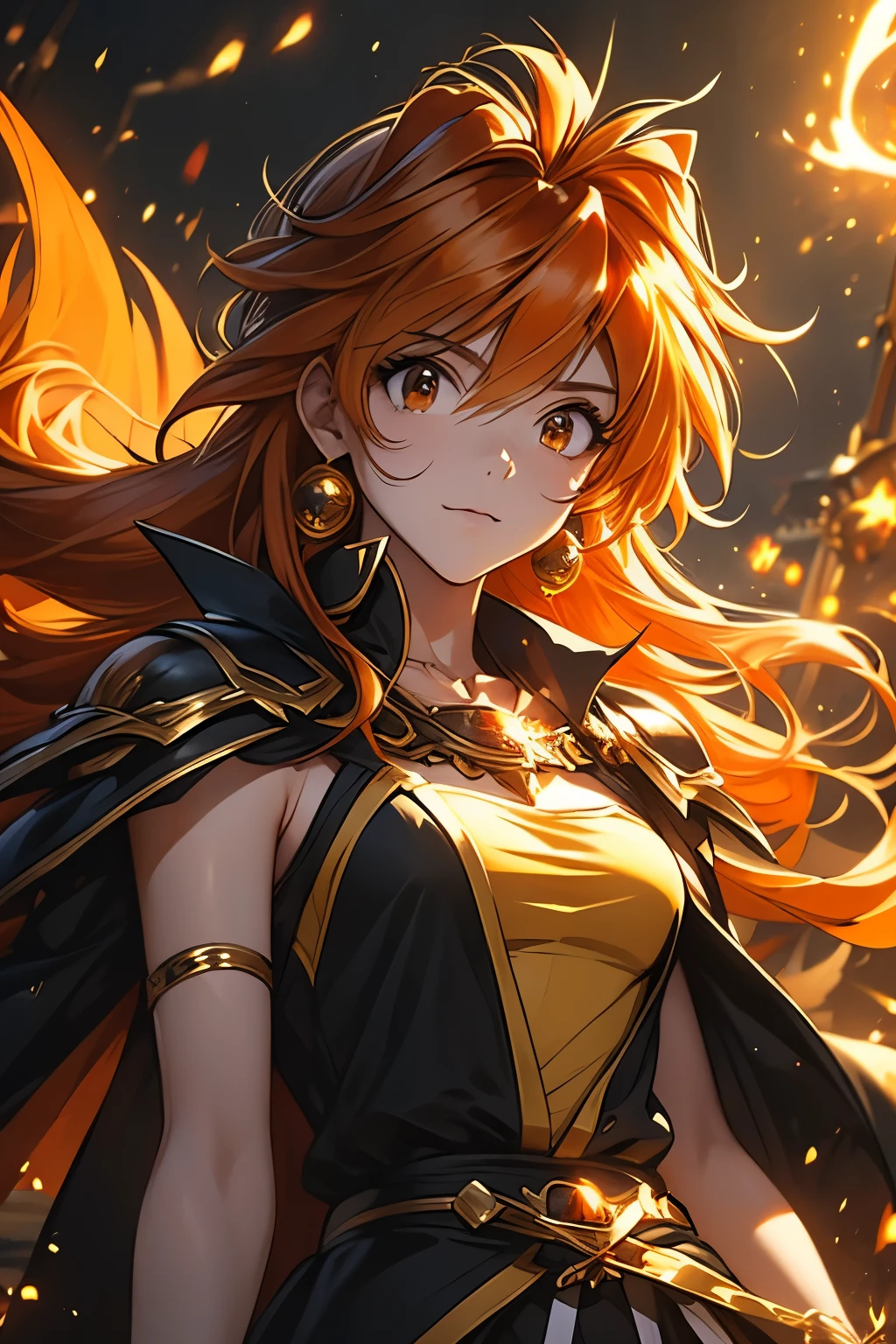 （（（ＳＦＷ、Highest quality、 first class、masterpiece、Normal body、8k、Detailed face、Ultra-precision、Normal hand、Normal finger、Masterpiece）））、 Slayers 、 Reinverse 、Lina Inverse、Orange Hair、 yellow tube top、Black Cape、Black Gold Shoulder Strap 、RYUBA CHOP、Magic chant