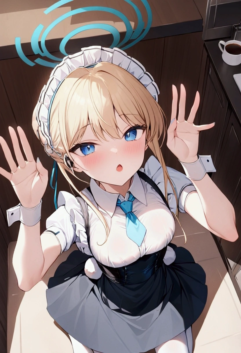  High image quality、masterpiece、 high quality、Full HD、4K、kneel、Rabbit pose with hands、View from above、blonde 、 blue eyes 、 opens her mouth、White brim、Tie your hair back、 white shirt  、 white stockings  、 arm garter、corset、 light blue panties 、  black skirt、 maid clothes、slender、Coffee shop