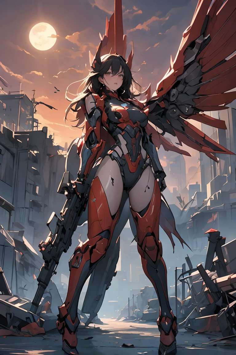 Red Theme, Phoenix Mech, Mecha Wings,  Cyberpunk, Best Quality, masterpiece, Unmanned, Full Body, Mechanical Wonders , strong, moon, City in Ruins, Best Qualityのデジタルアート,  amazing art, wallpaper 4k, Advanced Details, military用ロボット, military, War Zone,  Dynamic Lighting , movie, amazing, Damaged machine parts