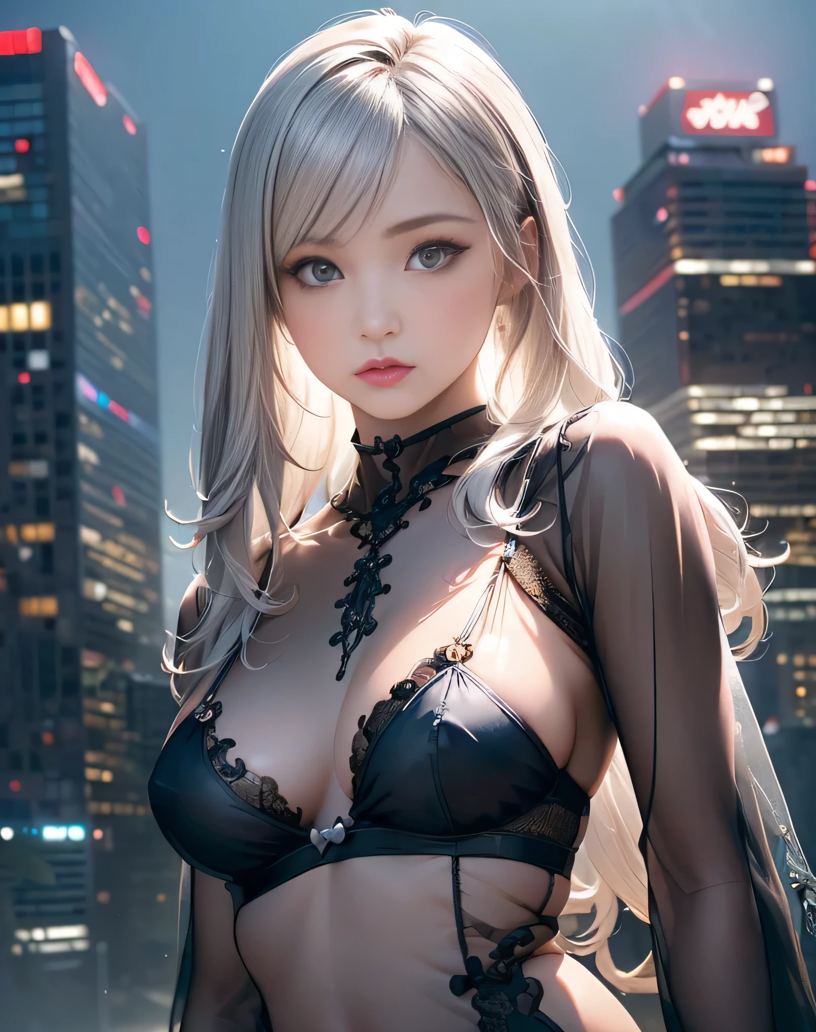 (Realistic:1.8),(High resolution:1.6),(1 girl:1.5),(solo:1.5),(Cool woman:1.2),(small face),(look at viewer:1.2),(silver hair),(long hair),(bangs:1.3),(slender),(large saggy breasts:1.5),(Future cyberpunk City1.3),(Skyscrapers),(night),(Detailed eyes),(Accurate eyes),(Black-eyes),(Wide eyes),(beautiful eyes),(skin tight Sheer night dress:1.5),lace,Frill,mesh,(Sheer:1.9),(See-through:1.9),(cyberpunk),protector,(Showgirl),