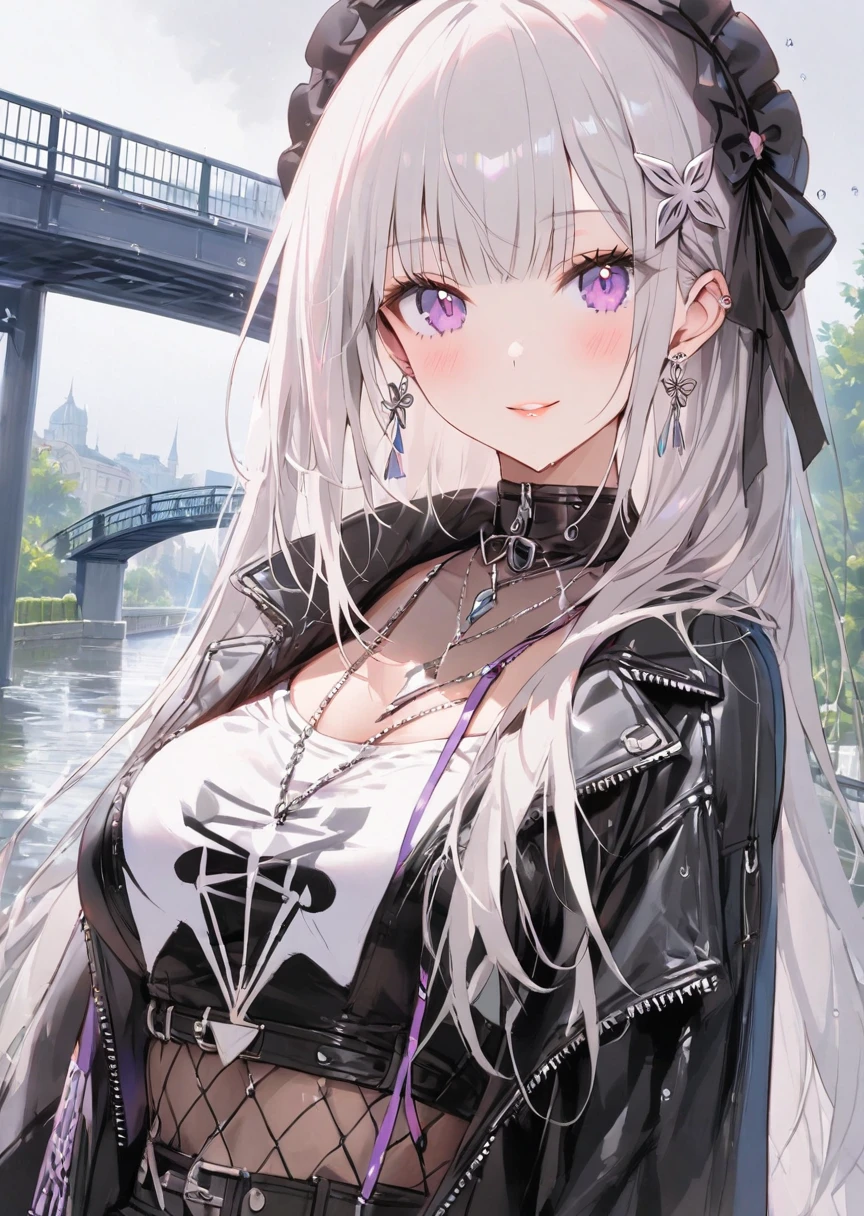 beautiful outfit,fashion design, bridge,rain,catwalk, l2v, looking at viewer,park,masterpiece,zoom in, close up,BREAK, emilia ,rezero