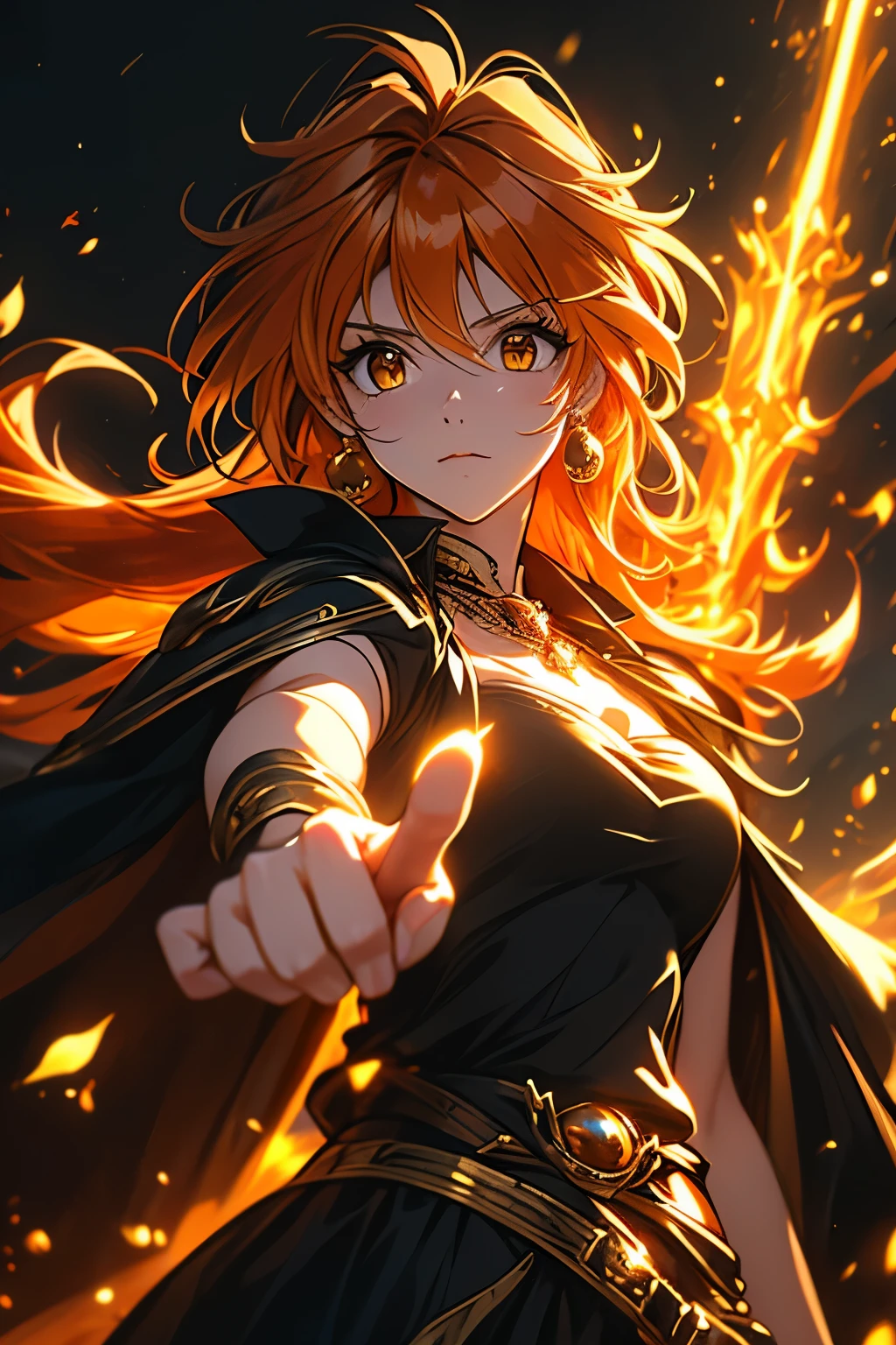 （（（ＳＦＷ、Highest quality、 first class、masterpiece、Normal body、8k、Detailed face、Ultra-precision、Normal hand、Normal finger、Masterpiece）））、 Slayers 、 Reinverse 、Lina Inverse、mage 、Orange Hair、 yellow tube top、Black Cape、Black Gold Shoulder Strap 、RYUBA CHOP、 dragslave、Magic chant